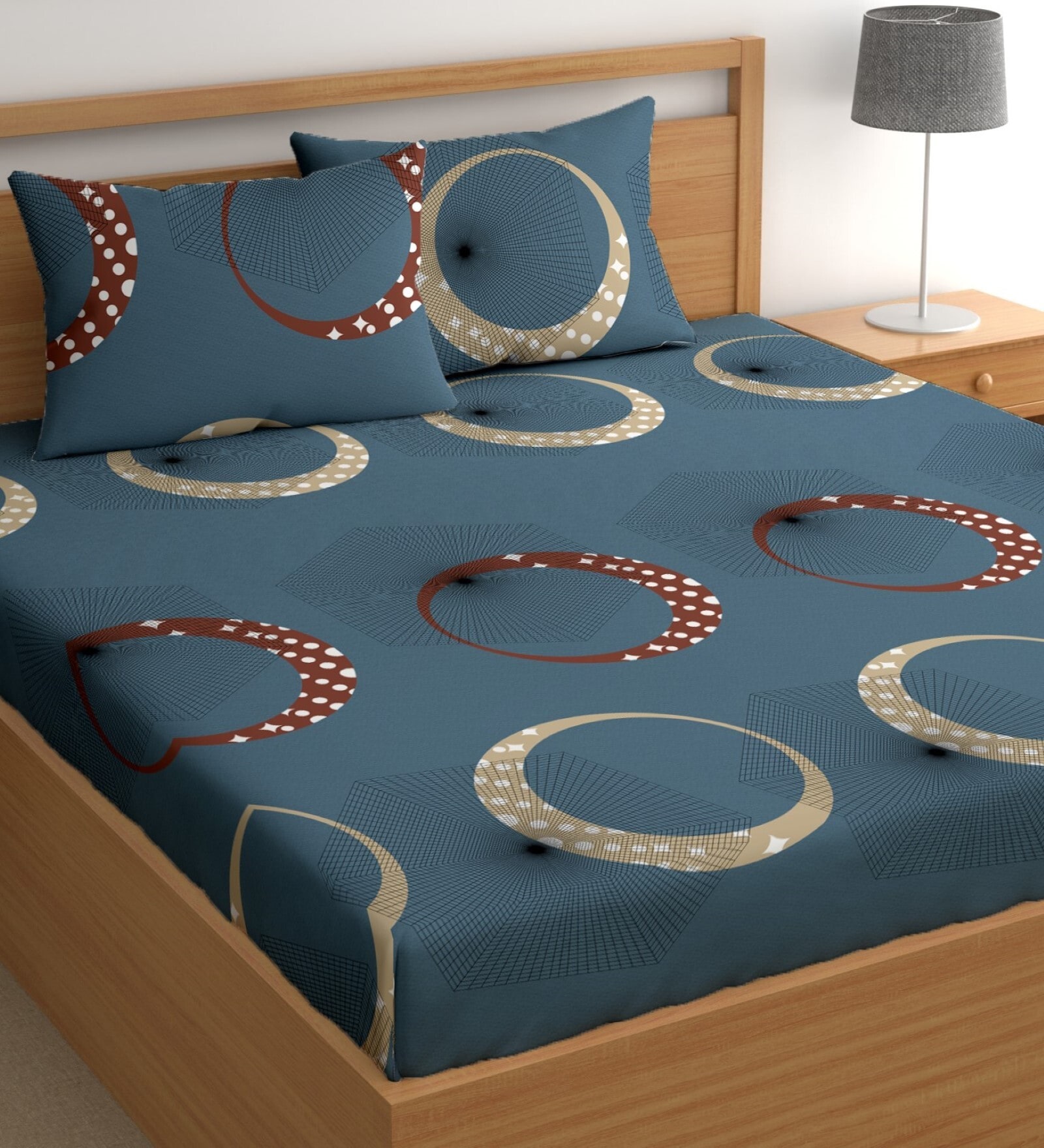 Blue 180 TC Geometric Cotton Queen Double Bedsheet 2 Pillow covers