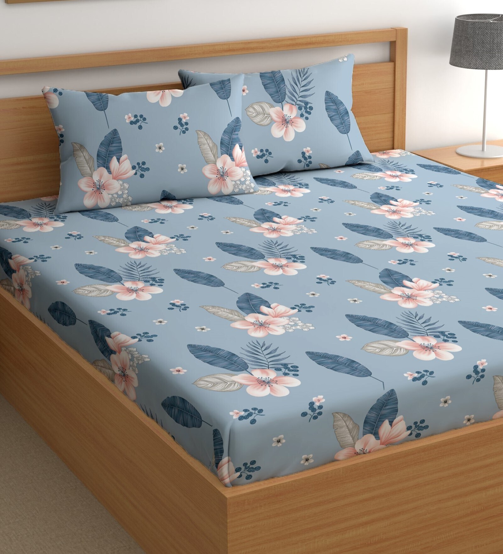Blue 180 TC Floral Cotton Queen Double Bedsheet 2 Pillow covers