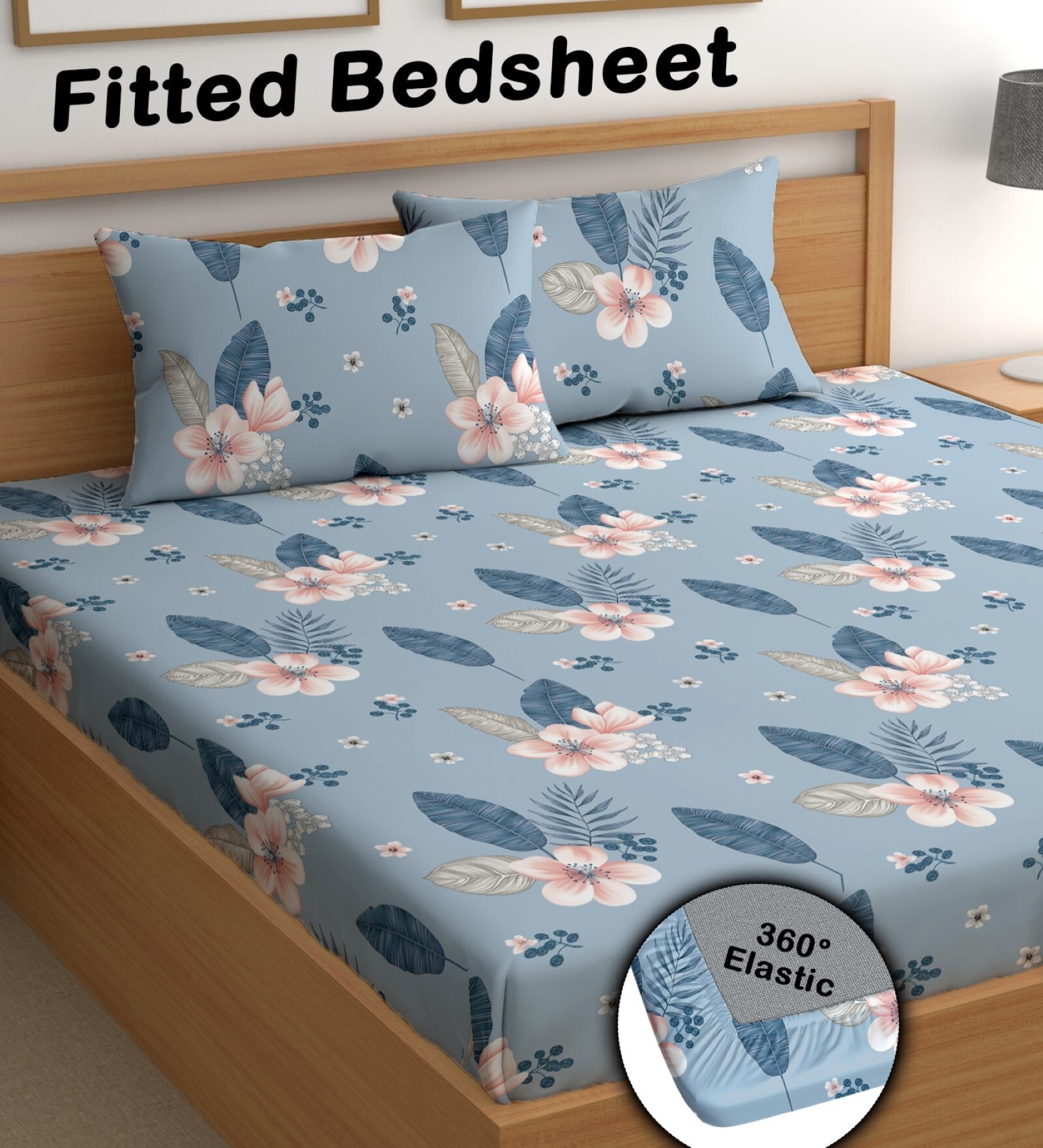 Blue 180 TC Floral Cotton Fitted Double Bedsheet 2 Pillow covers