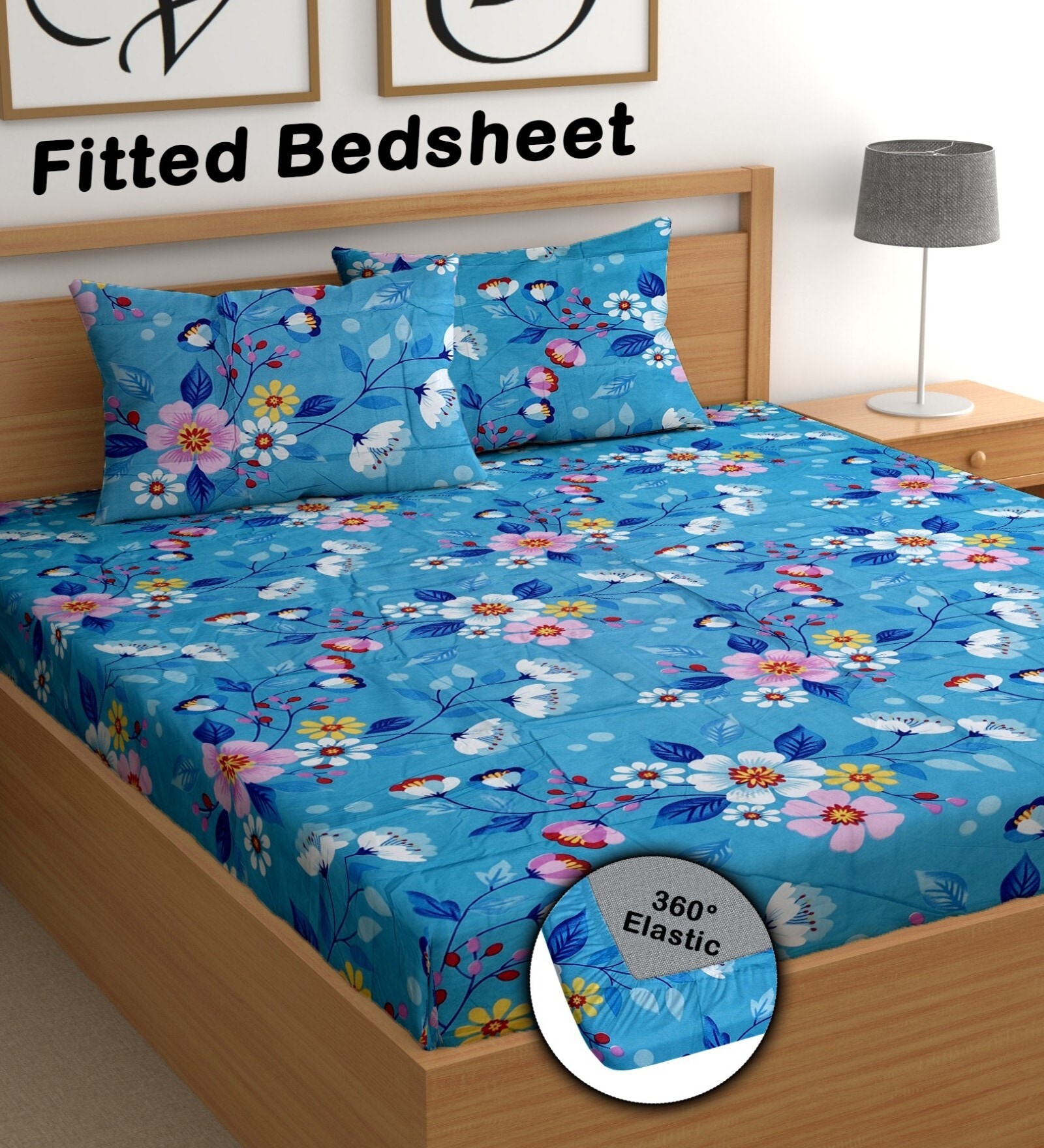 Blue 180 TC Floral Cotton Fitted Double Bedsheet 2 Pillow covers
