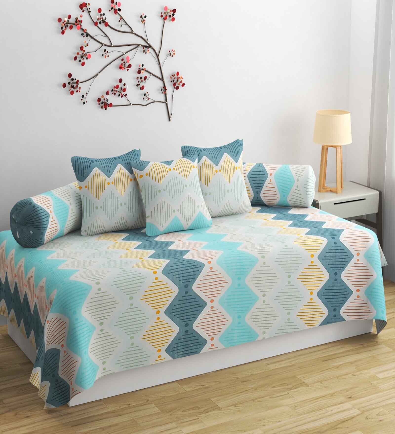 Blue 200 TC Cotton Blend 6 Pcs Diwan Set