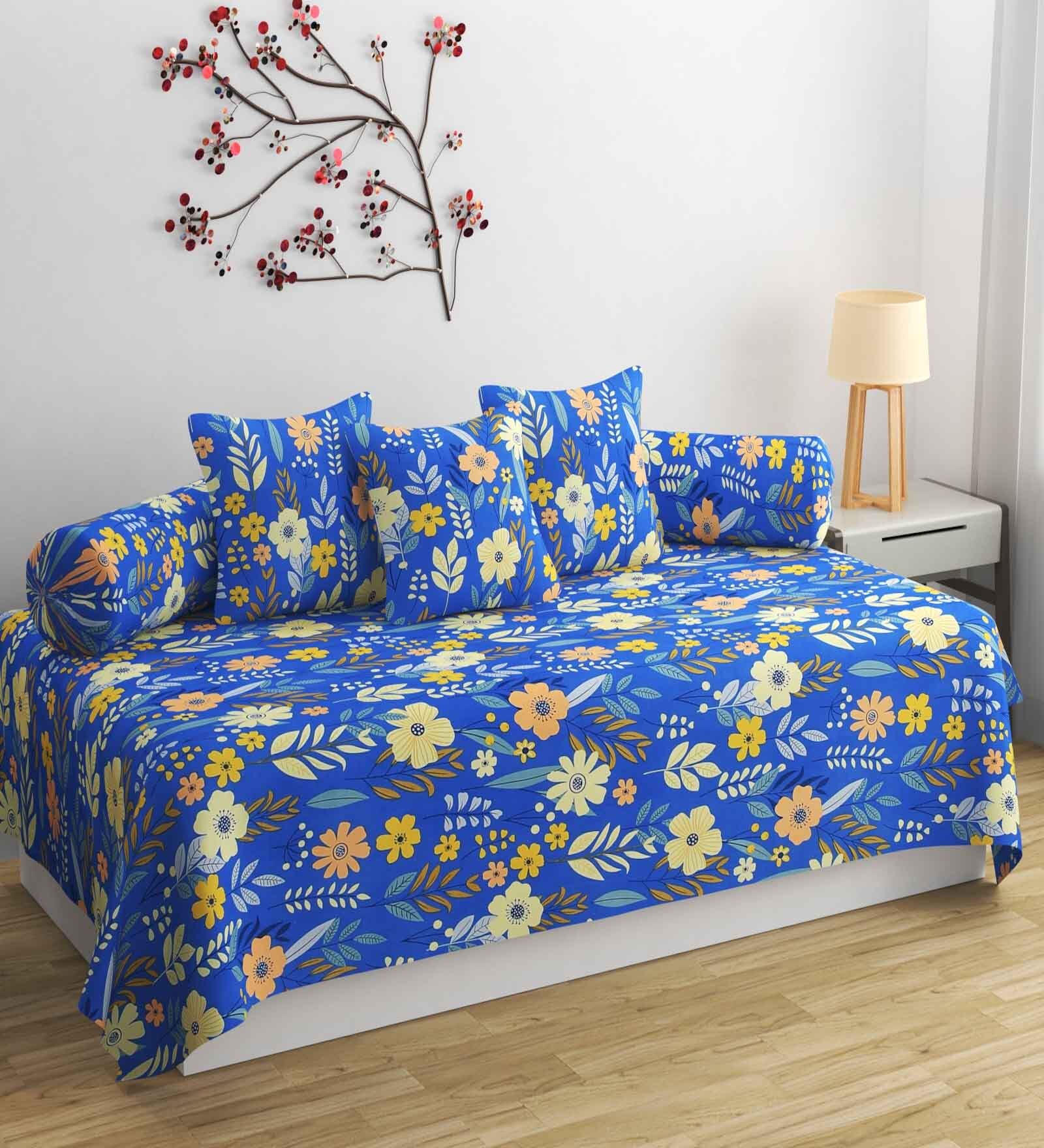 Blue 200 TC Cotton Blend 6 Pcs Diwan Set