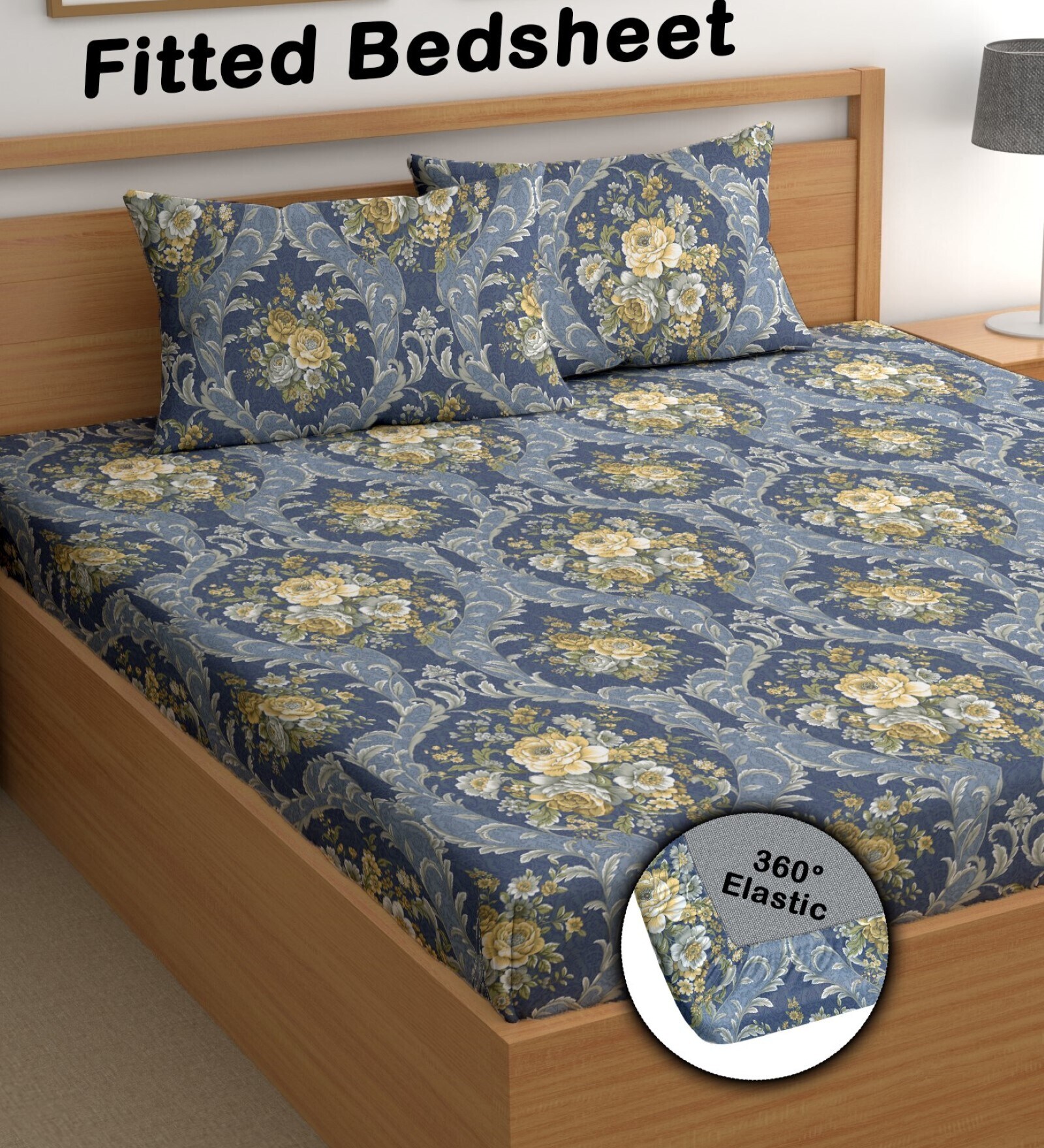 Blue 200 TC Floral Cotton Fitted Double Bedsheet 2 Pillow covers