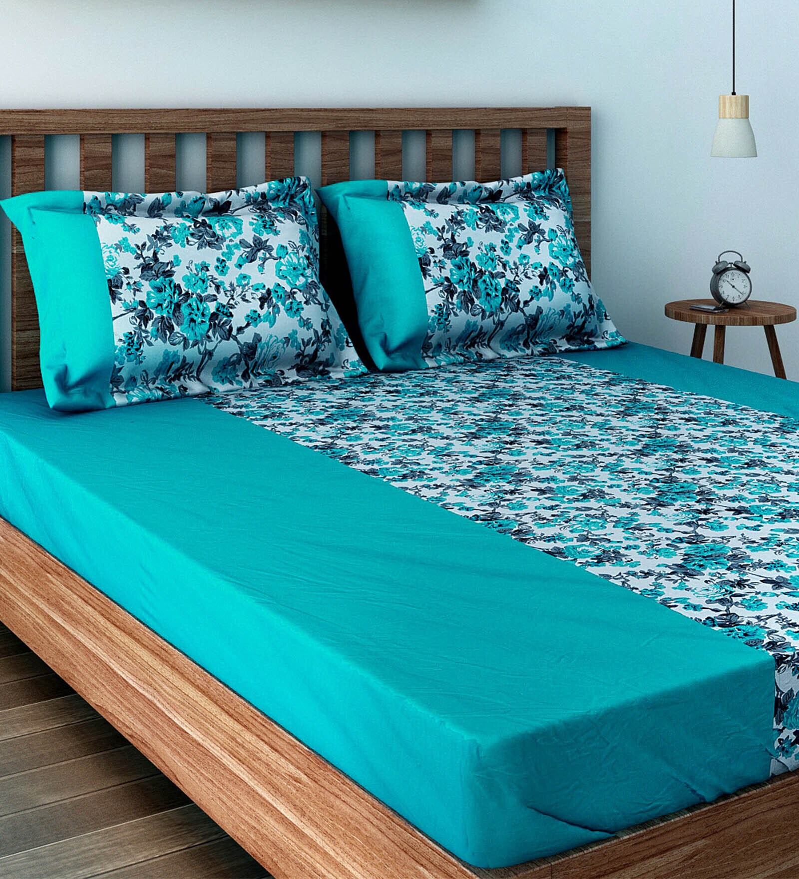 Blue Floral 200 TC Cotton 1 Double Bedsheet with 2 Pillow Covers