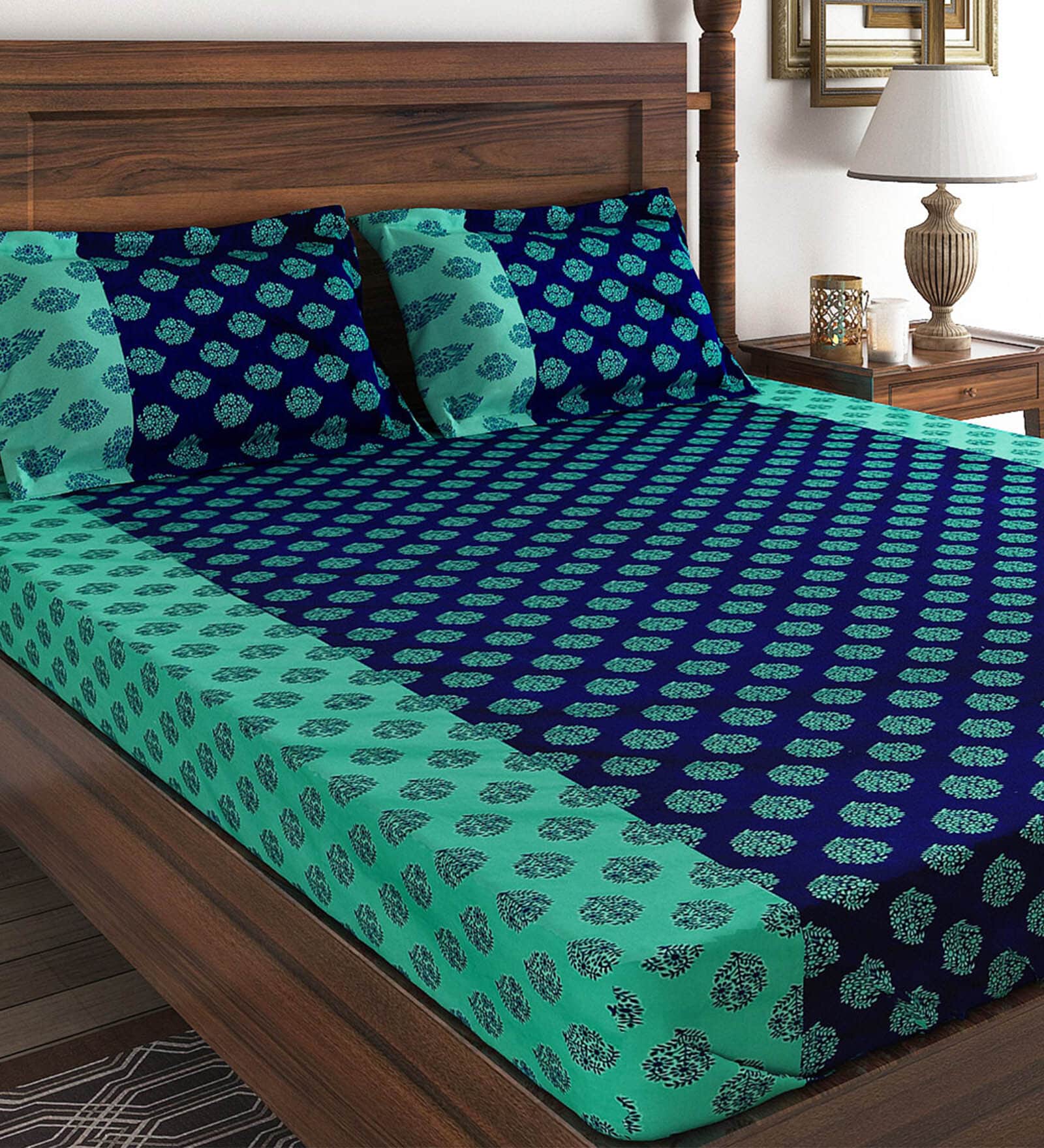 Blue 200 TC Motifs Print Cotton Single Bed Sheet with 1 Pillow Cover