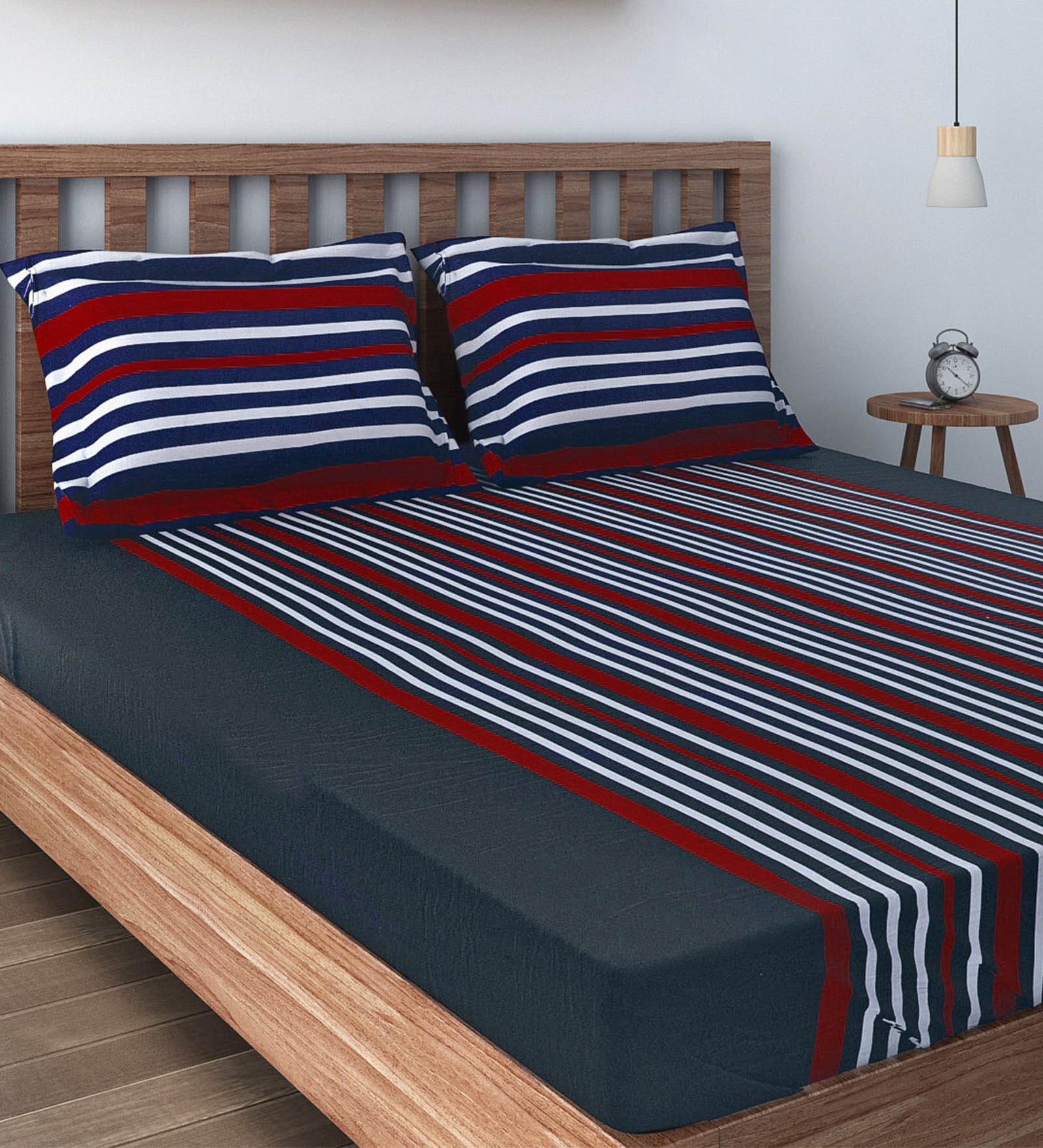 Blue Striped 240 TC Cotton Double Bedsheet with 2 Pillow Covers