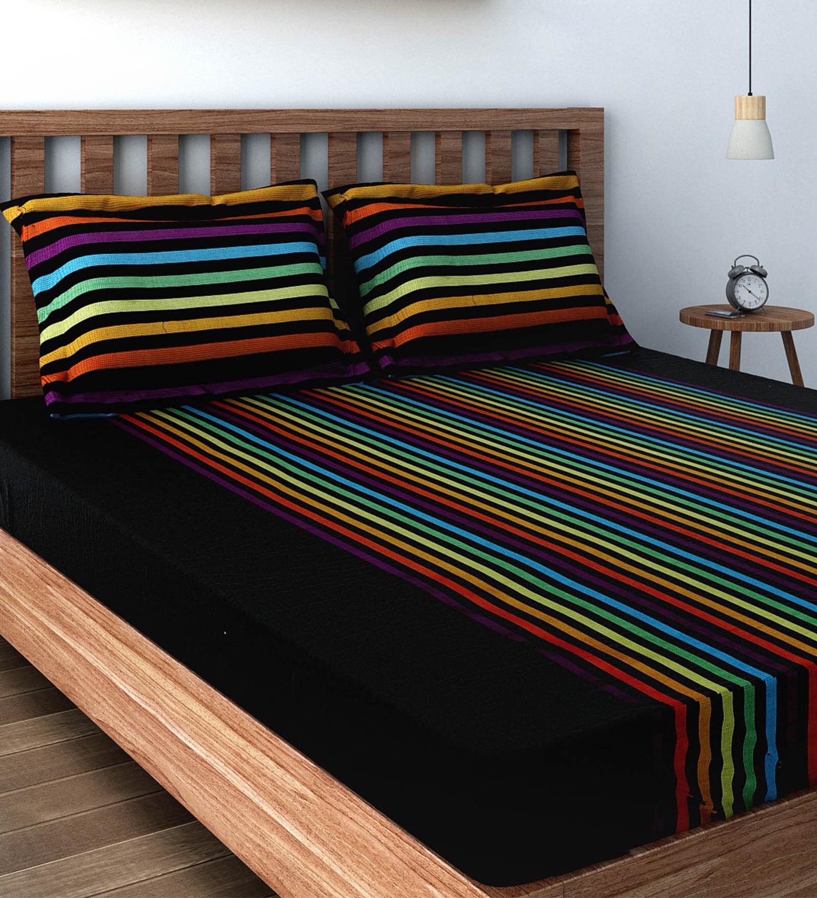 Black Geometric 240 TC Cotton 1 Double Bedsheet with 2 Pillow Covers