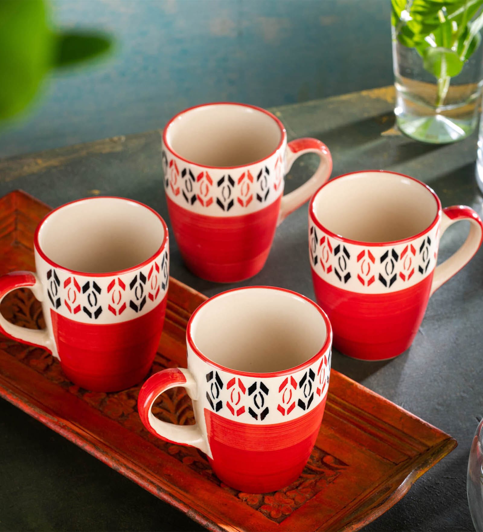 Ephemera 275ml Red & White Ceramic (Set of 4) Coffee Mug