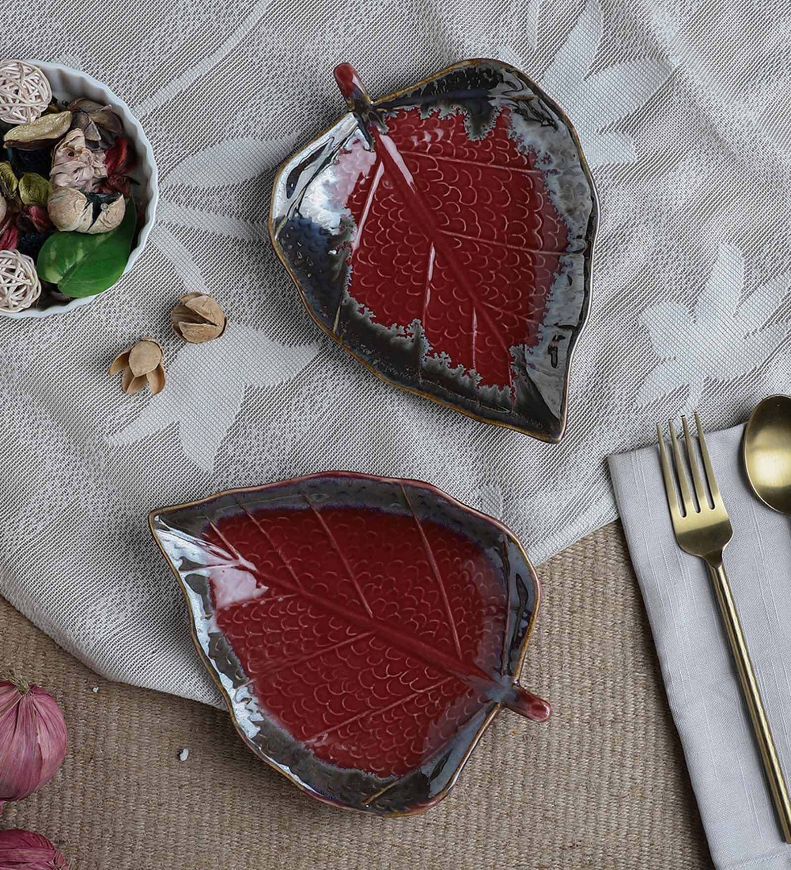 Exotic Glazed Leaf Maroon & Black Ceramic (Set of 2) Appetizer Platter