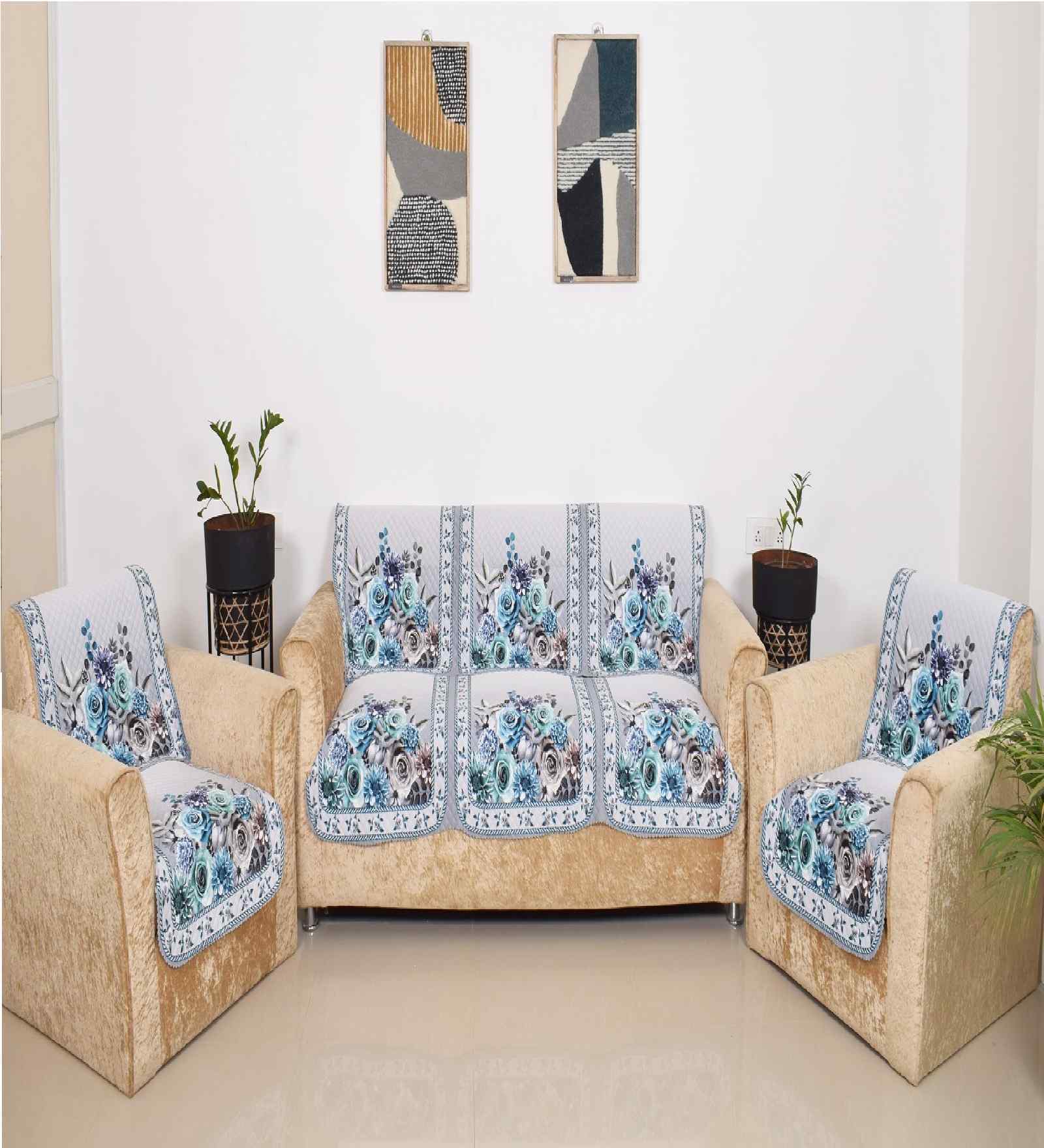 Blue 5 Seater Floral 10Pcs Sofa Covers
