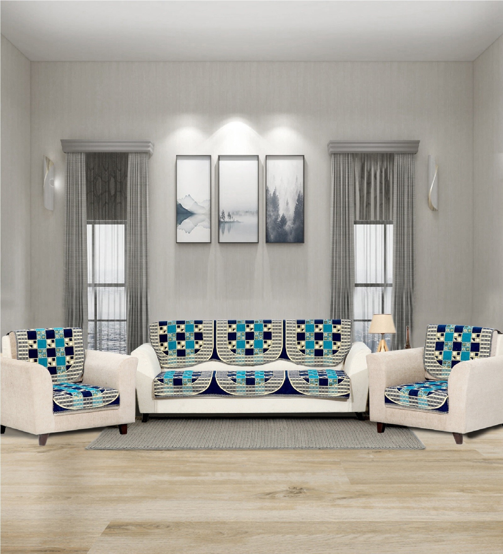 Blue 5 Seater Checkered 10Pcs Sofa Covers