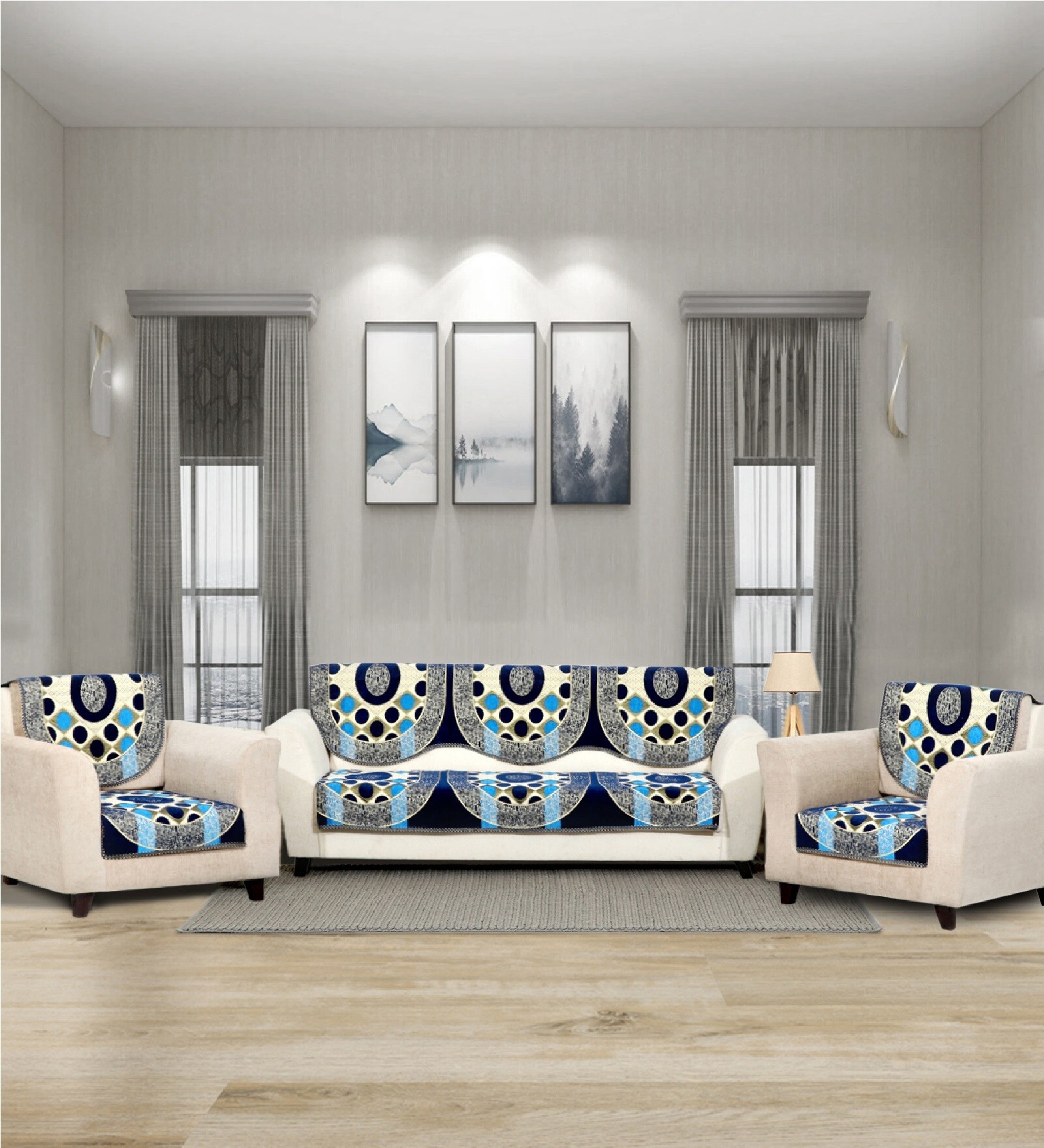 Blue 5 Seater Checkered 10Pcs Sofa Covers