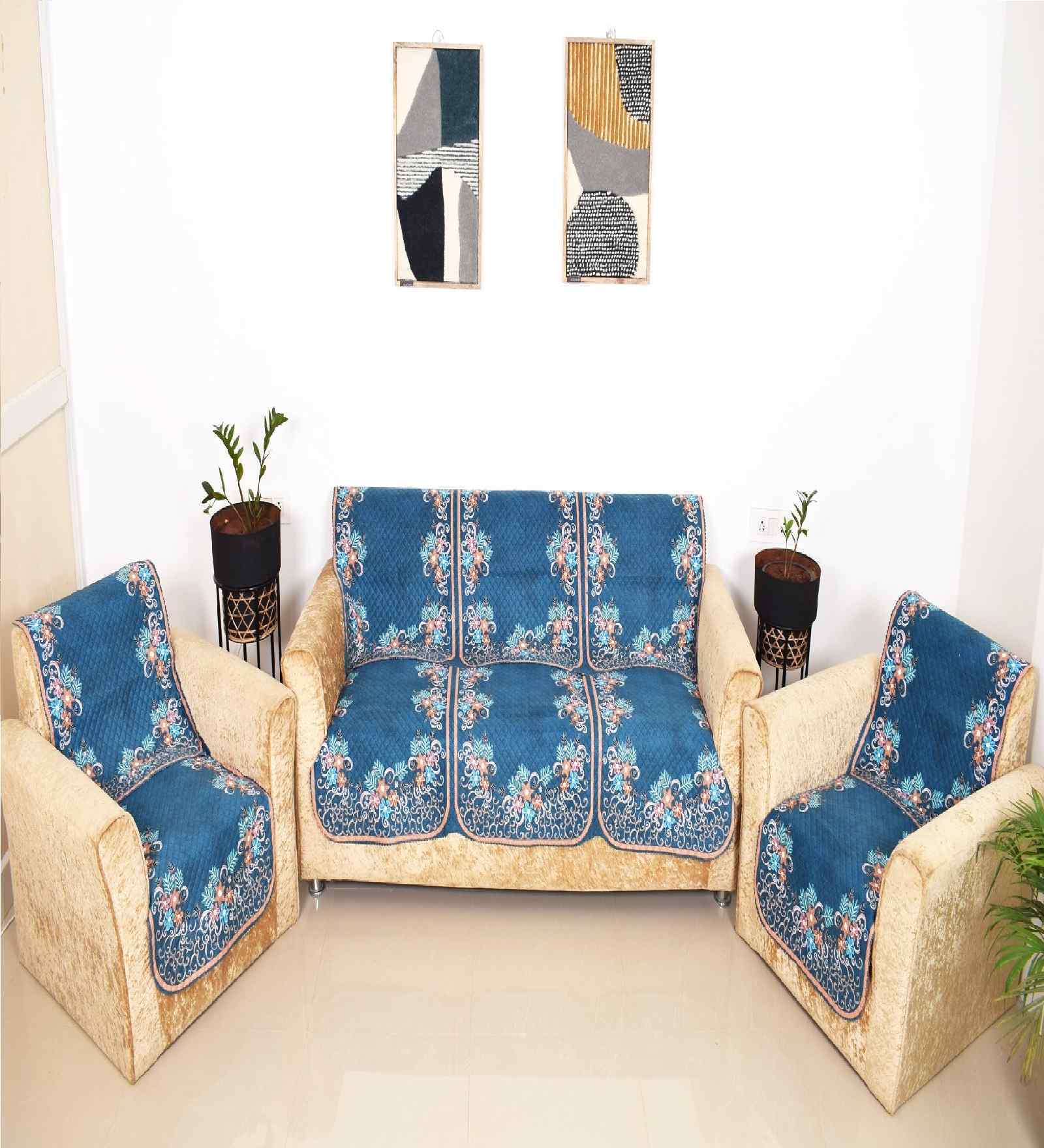 Blue 5 Seater Floral 10Pcs Sofa Covers