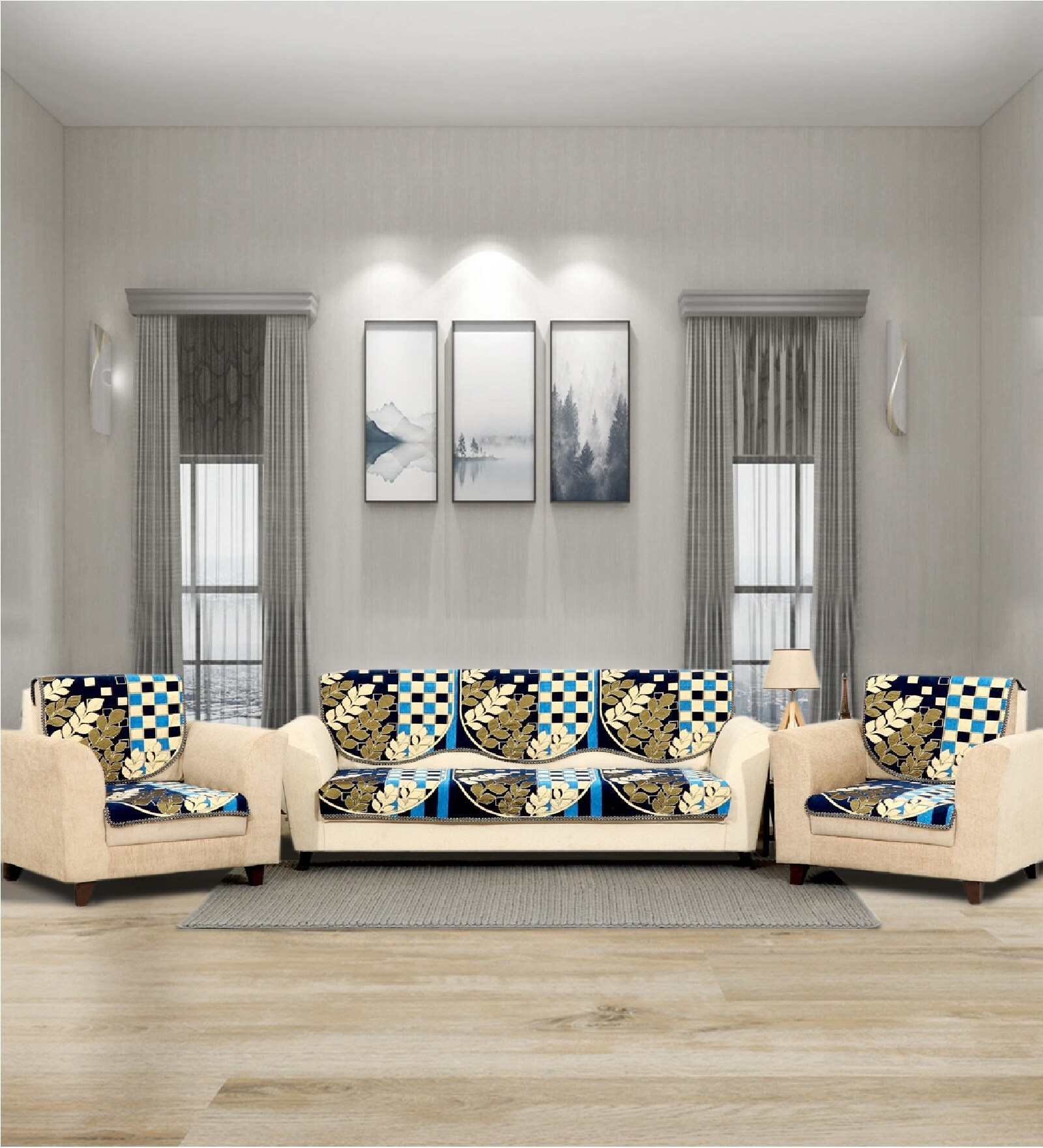 Blue 5 Seater Checkered 10Pcs Sofa Covers