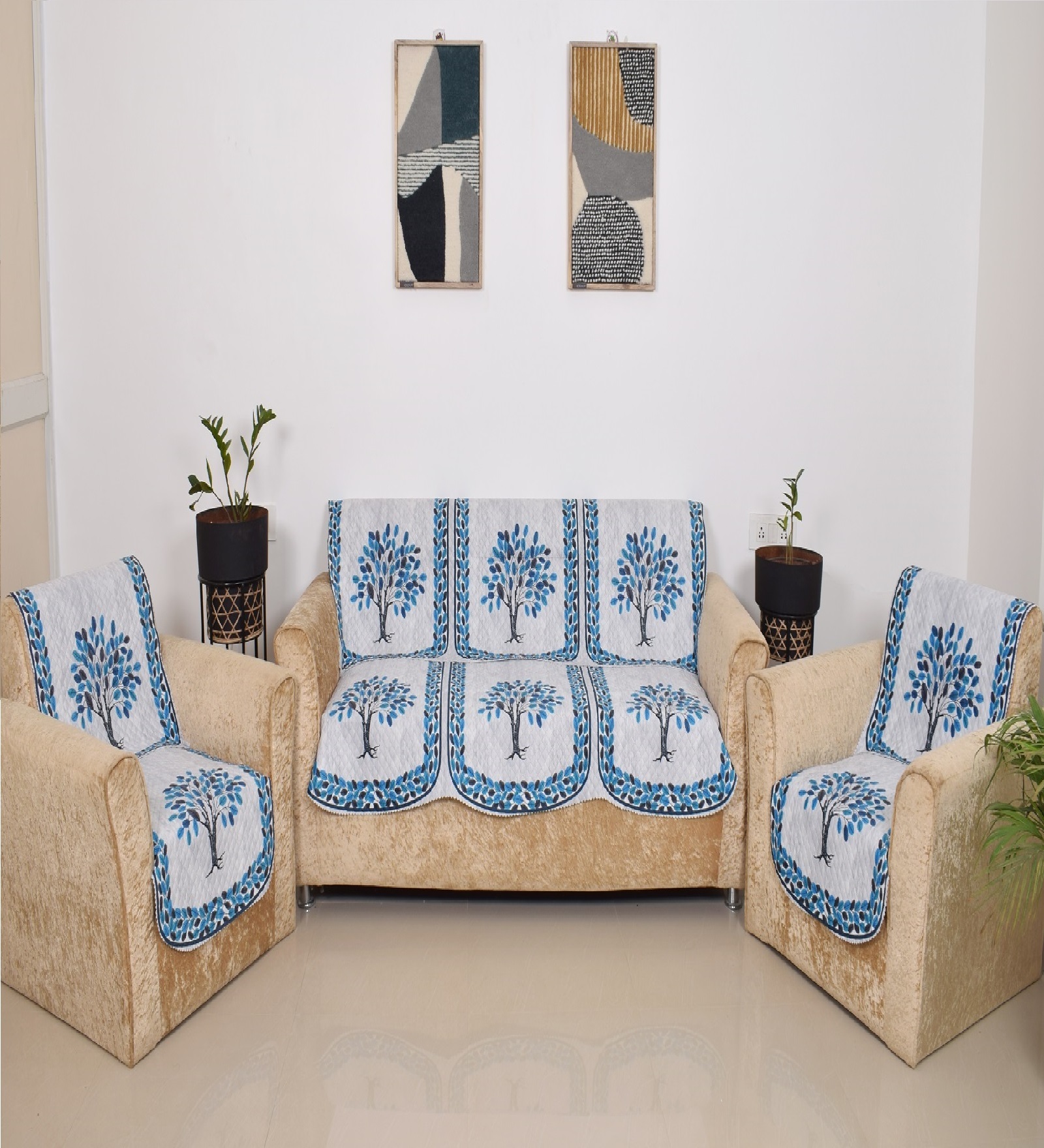 Blue 5 Seater Floral 10Pcs Sofa Covers