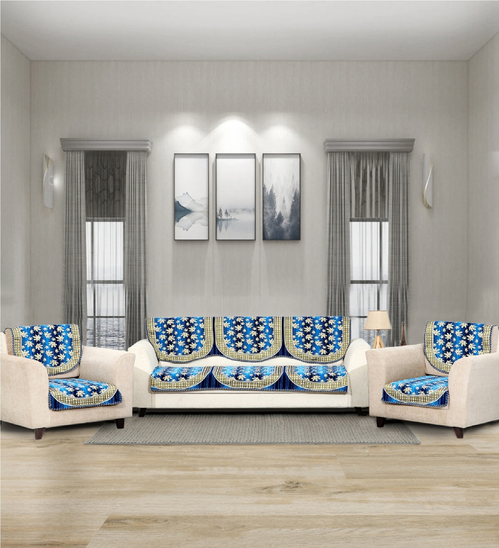 Blue 5 Seater Polka Dot 10Pcs Sofa Covers