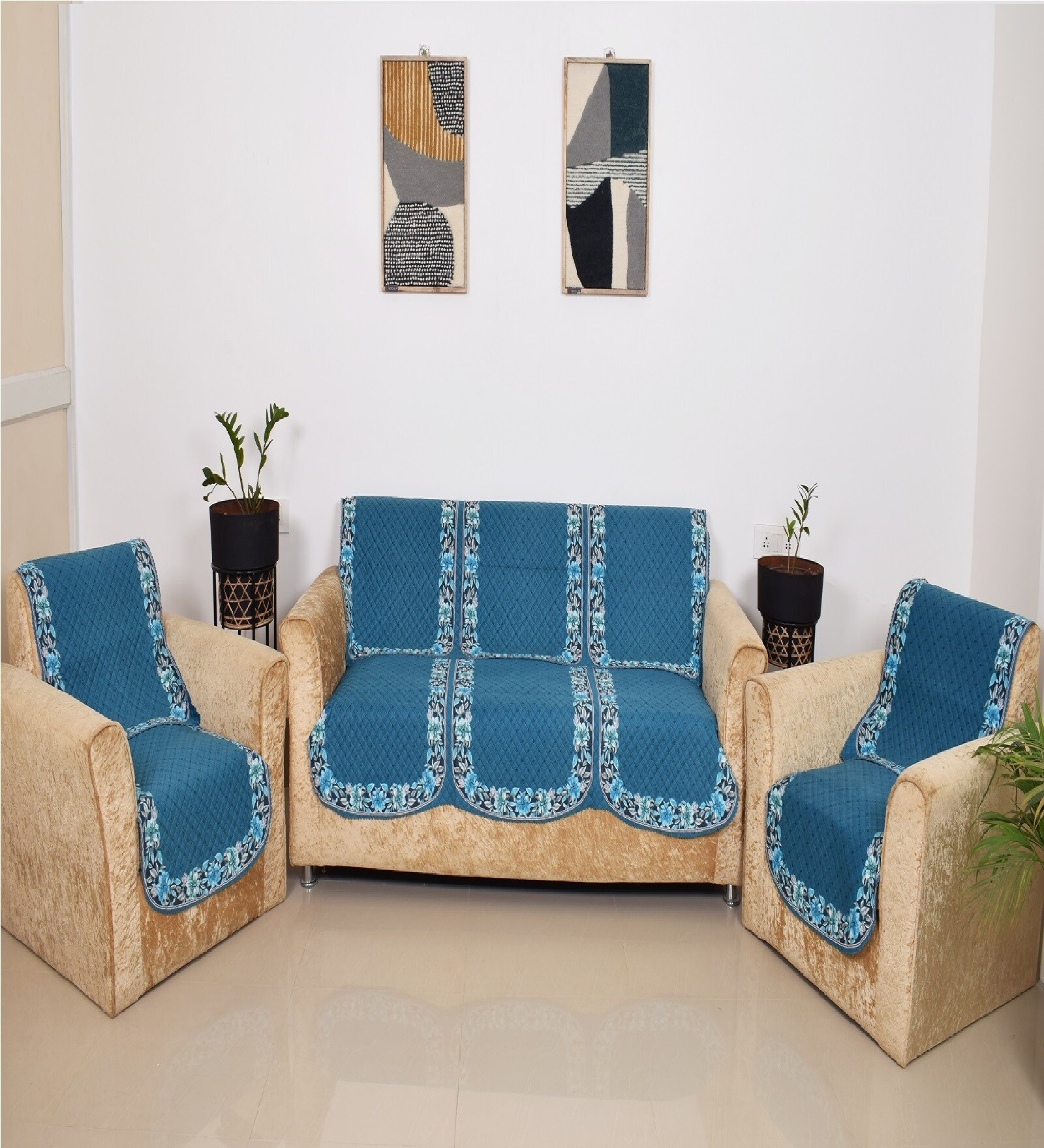 Blue 5 Seater Floral 10Pcs Sofa Covers