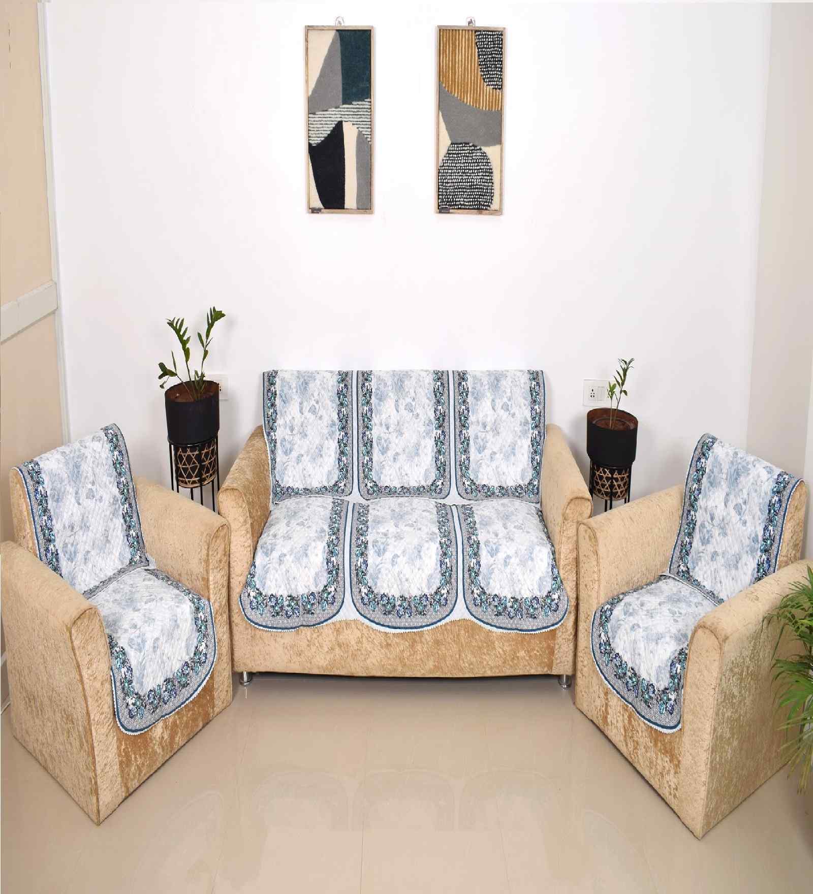 Blue 5 Seater Floral 10Pcs Sofa Covers