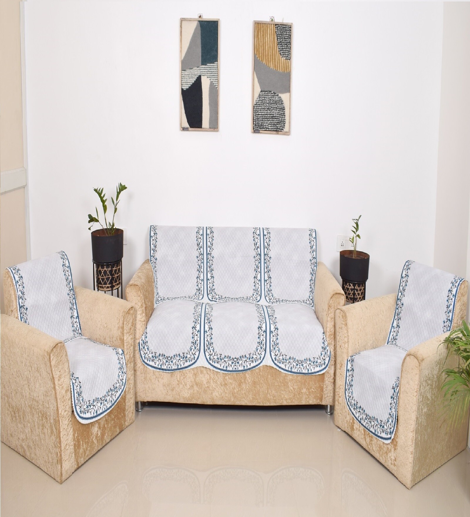 Blue 5 Seater Floral 10Pcs Sofa Covers