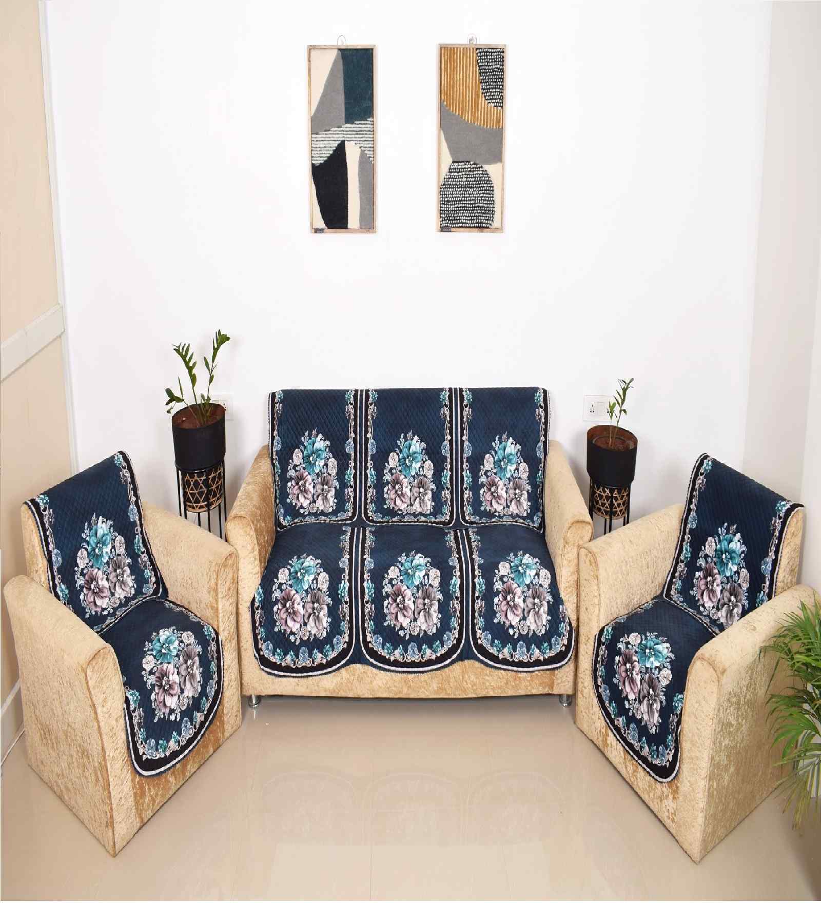 Blue 5 Seater Floral 10Pcs Sofa Covers
