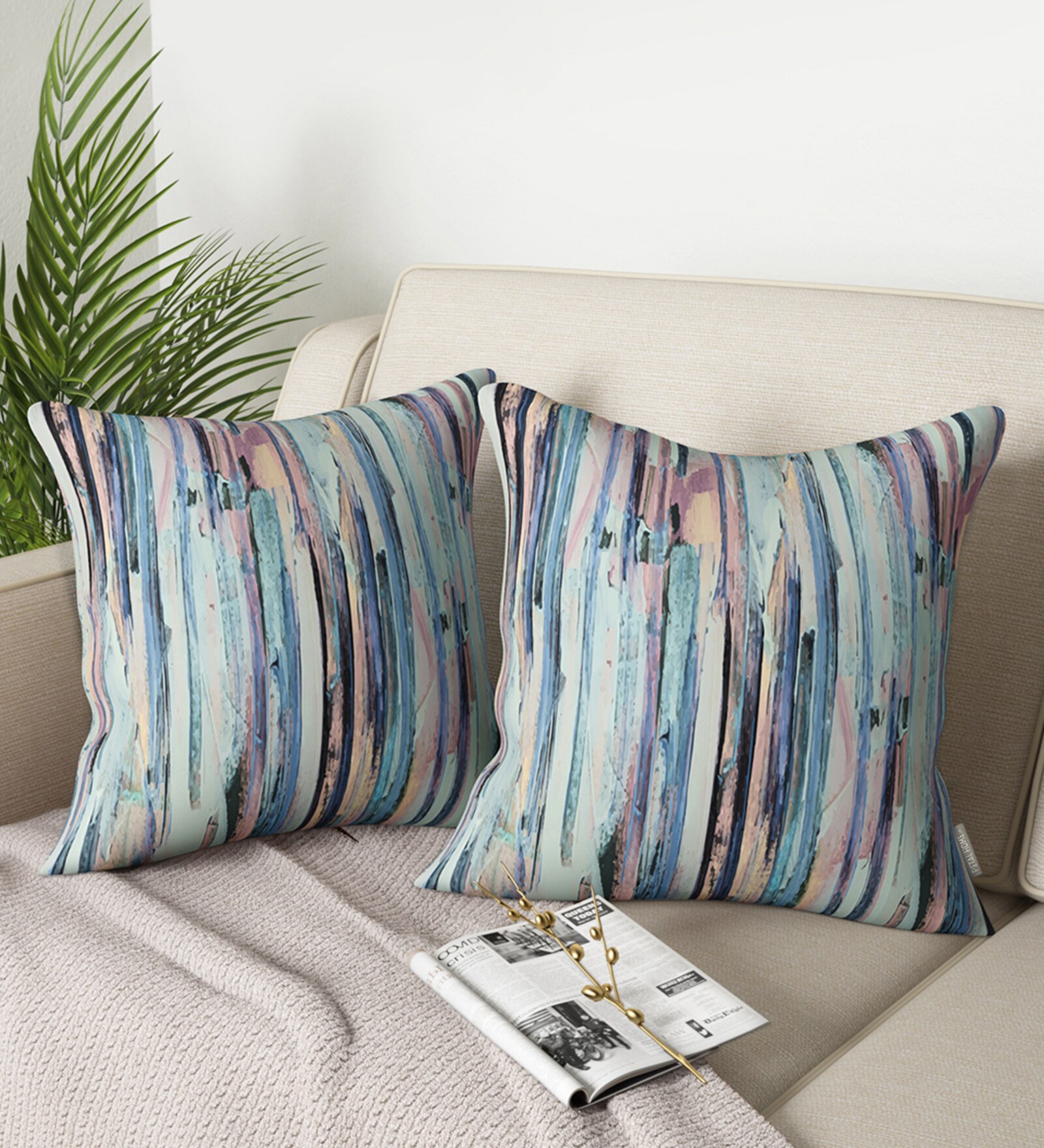 Blue Striped Cotton 16 x 16 Inches Cushion Covers (Set of 2)