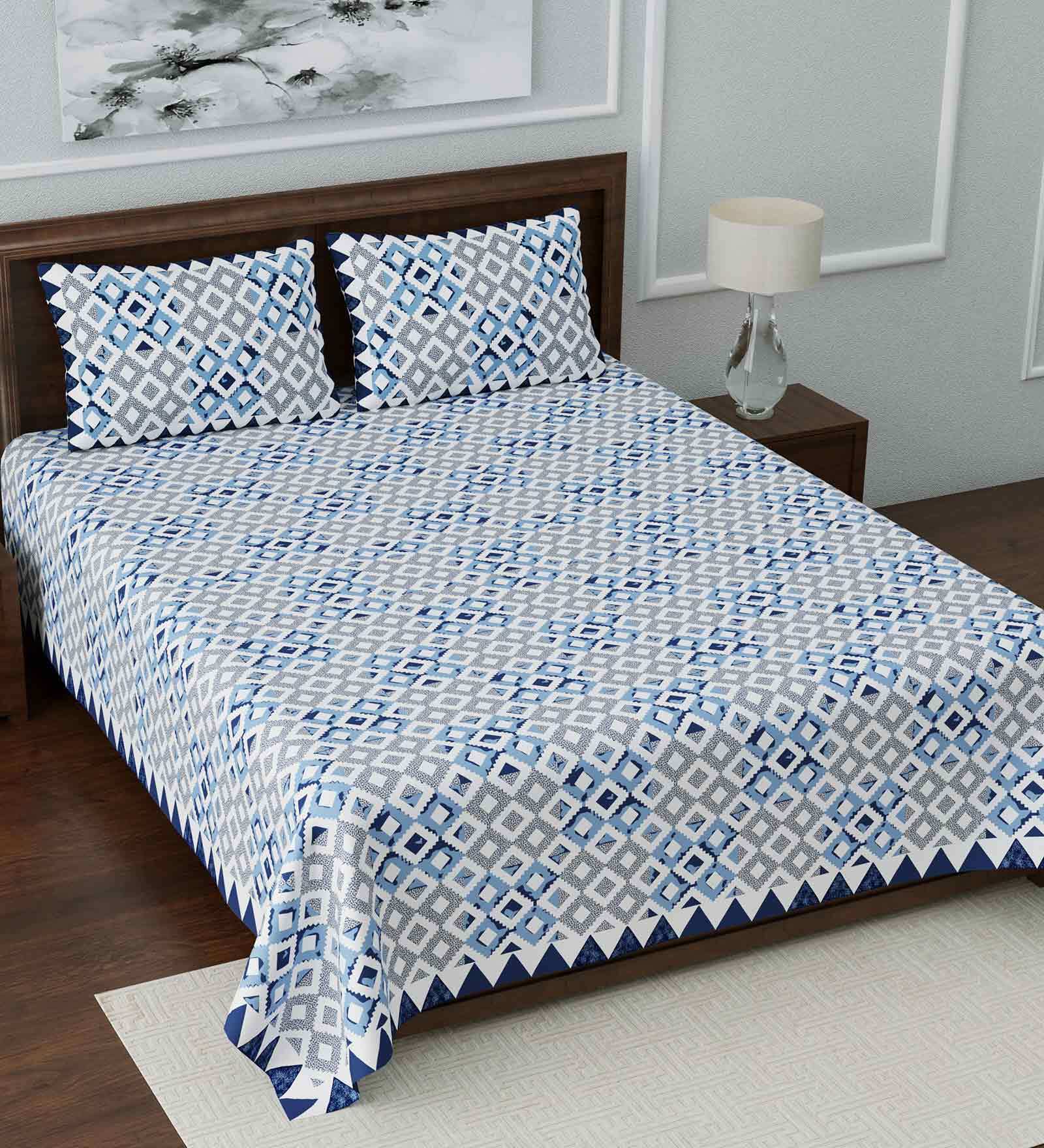 Blue Abstract 108 TC Cotton King Sized Bed Sheets with 2 Pillow Covers