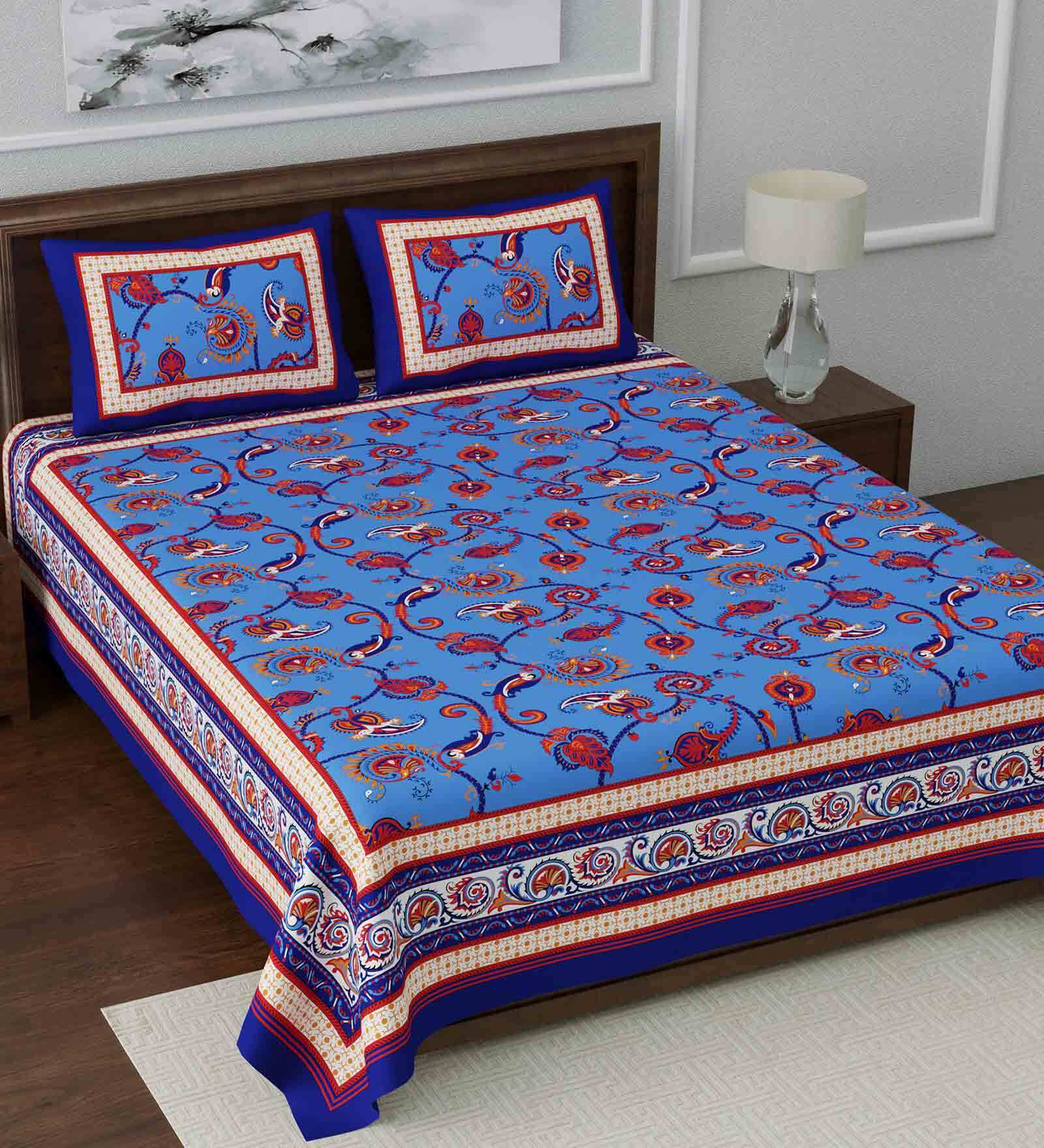 Buy Blue Floral 108 TC Cotton King Sized Bed Sheets with 2 Pillow