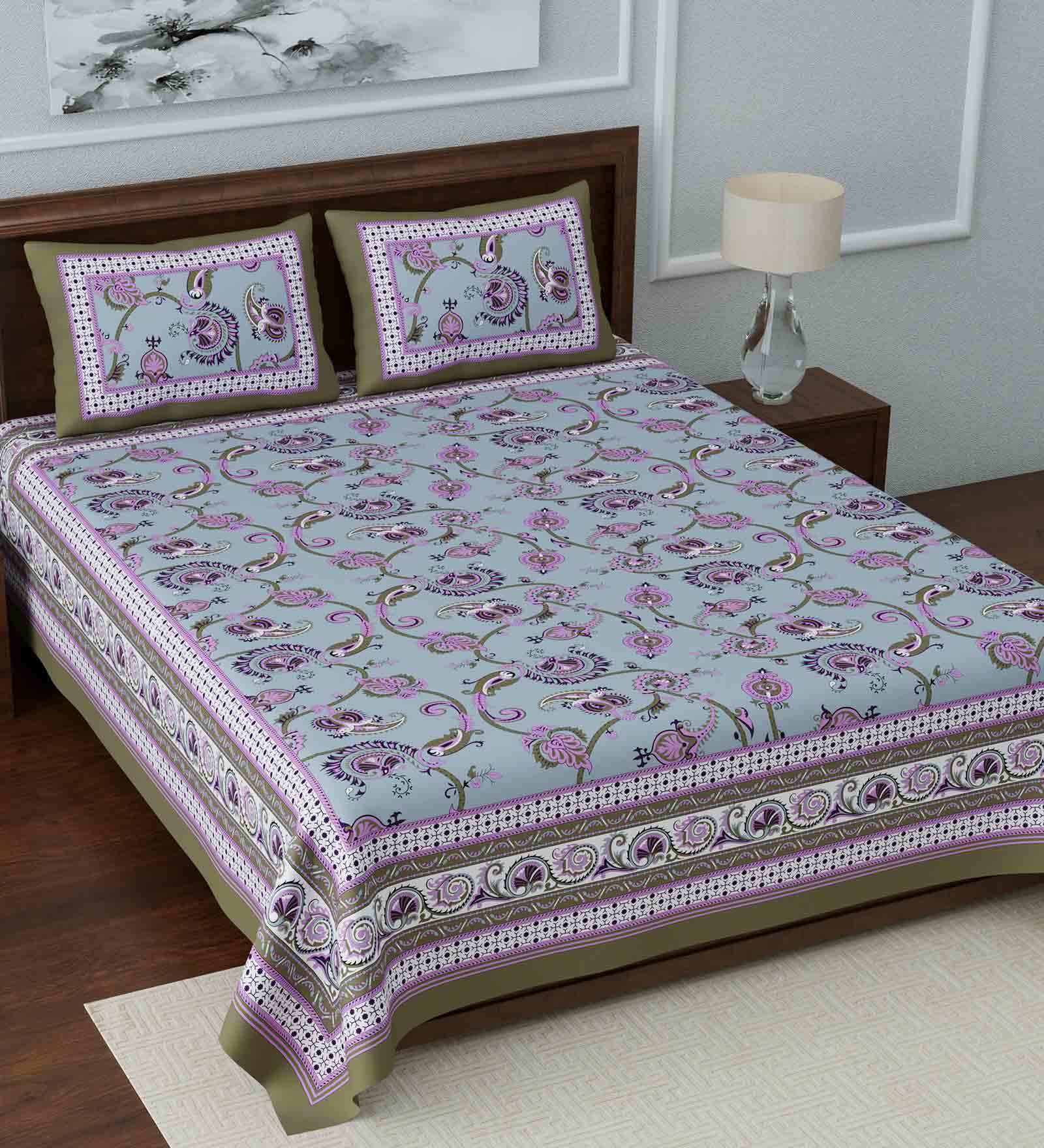 Blue Traditional 108 TC Cotton King Sized Bed Sheets with 2 Pillow Covers