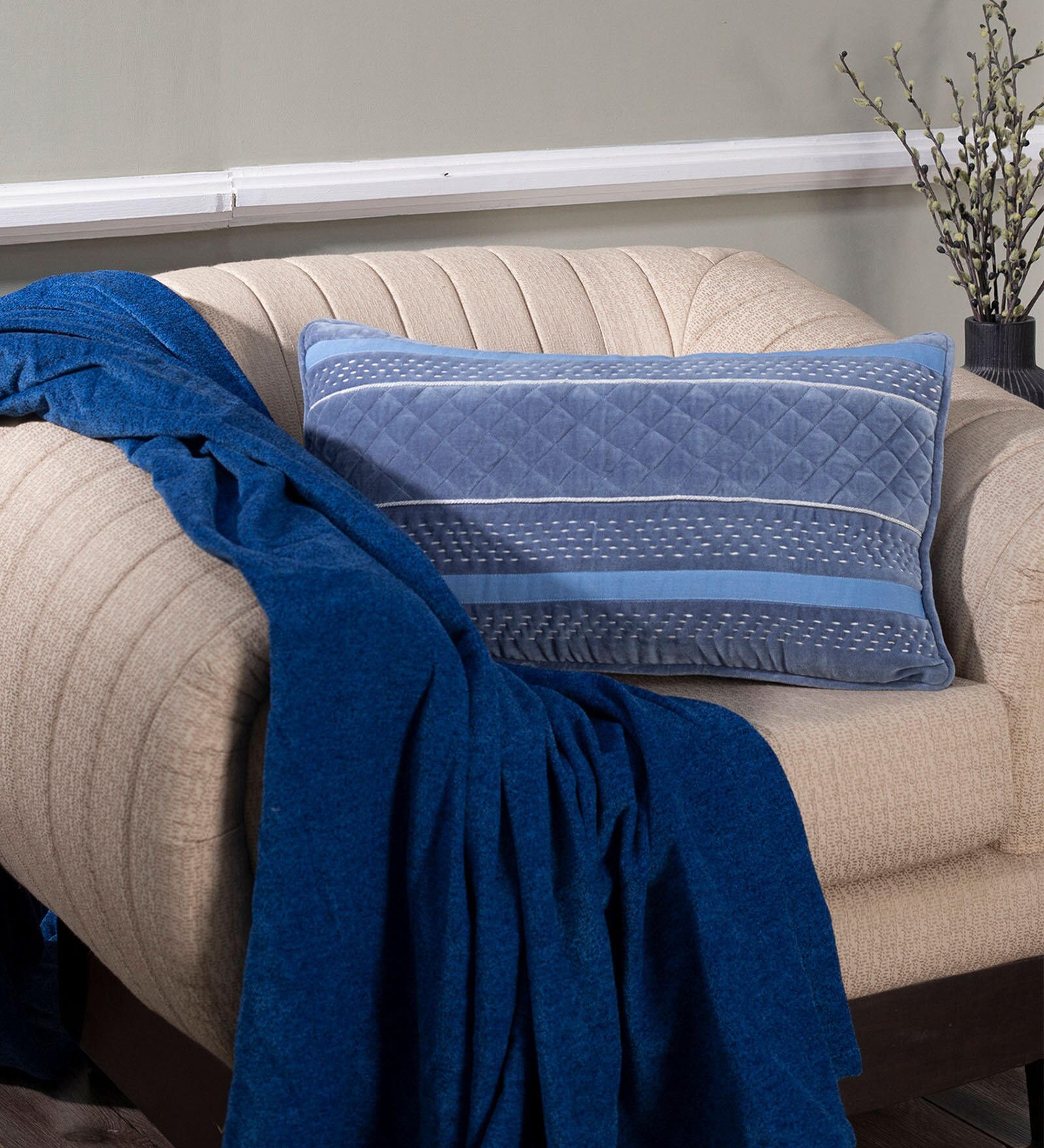 Blue Striped Cotton 14 x 24 Inches Cushion Cover