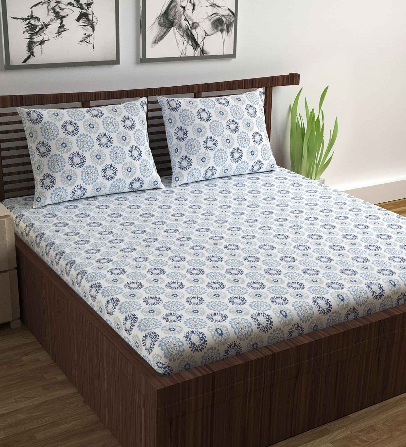 Blue Abstract 144 TC Cotton Double Bedsheet with 2 Pillow Covers Blue Abstract 144 TC Cotton Double Bedsheet with 2 Pillow Covers