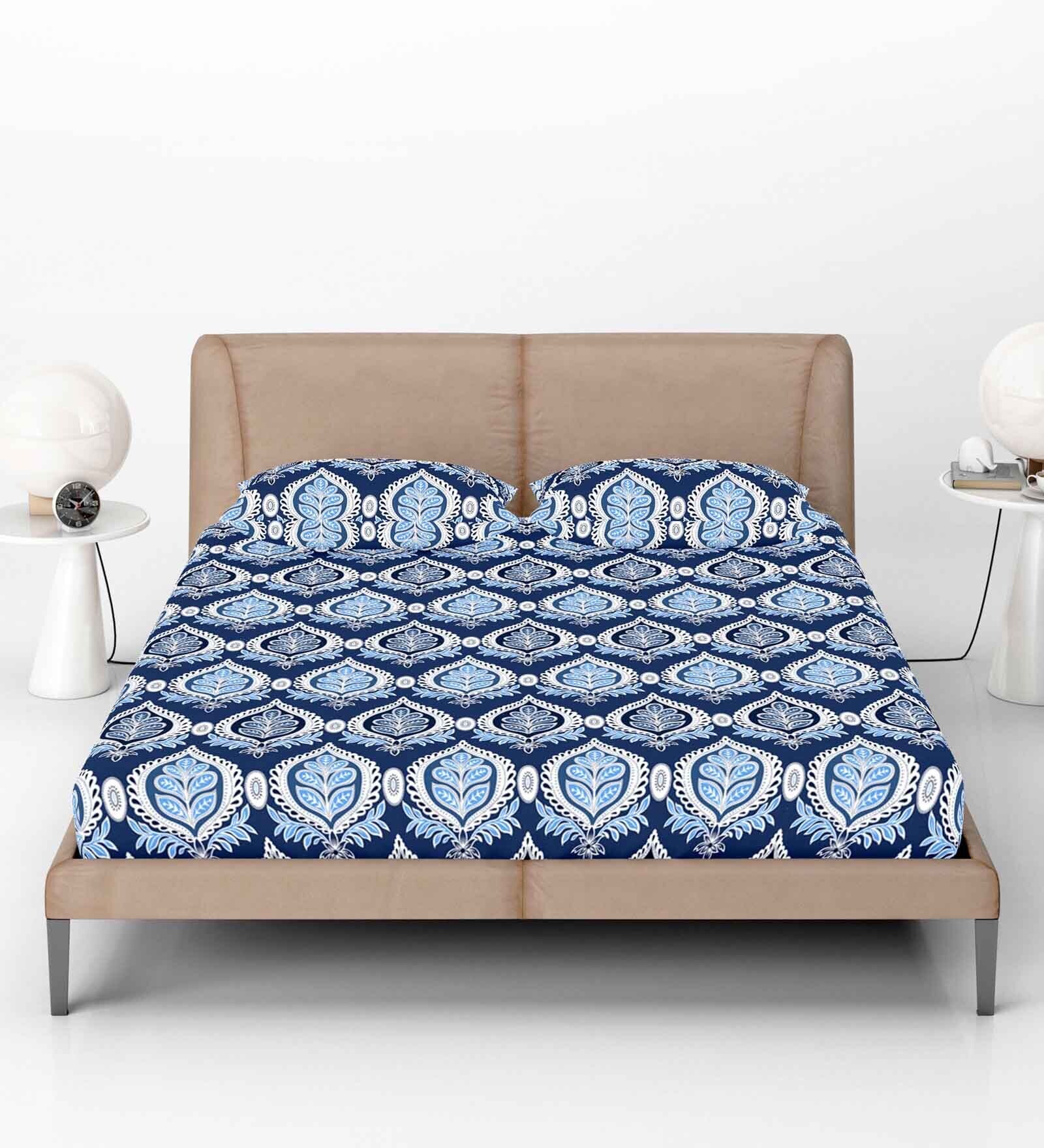 Blue Abstract 144 TC Cotton Fitted Double Bedsheet with 2 Pillow Covers