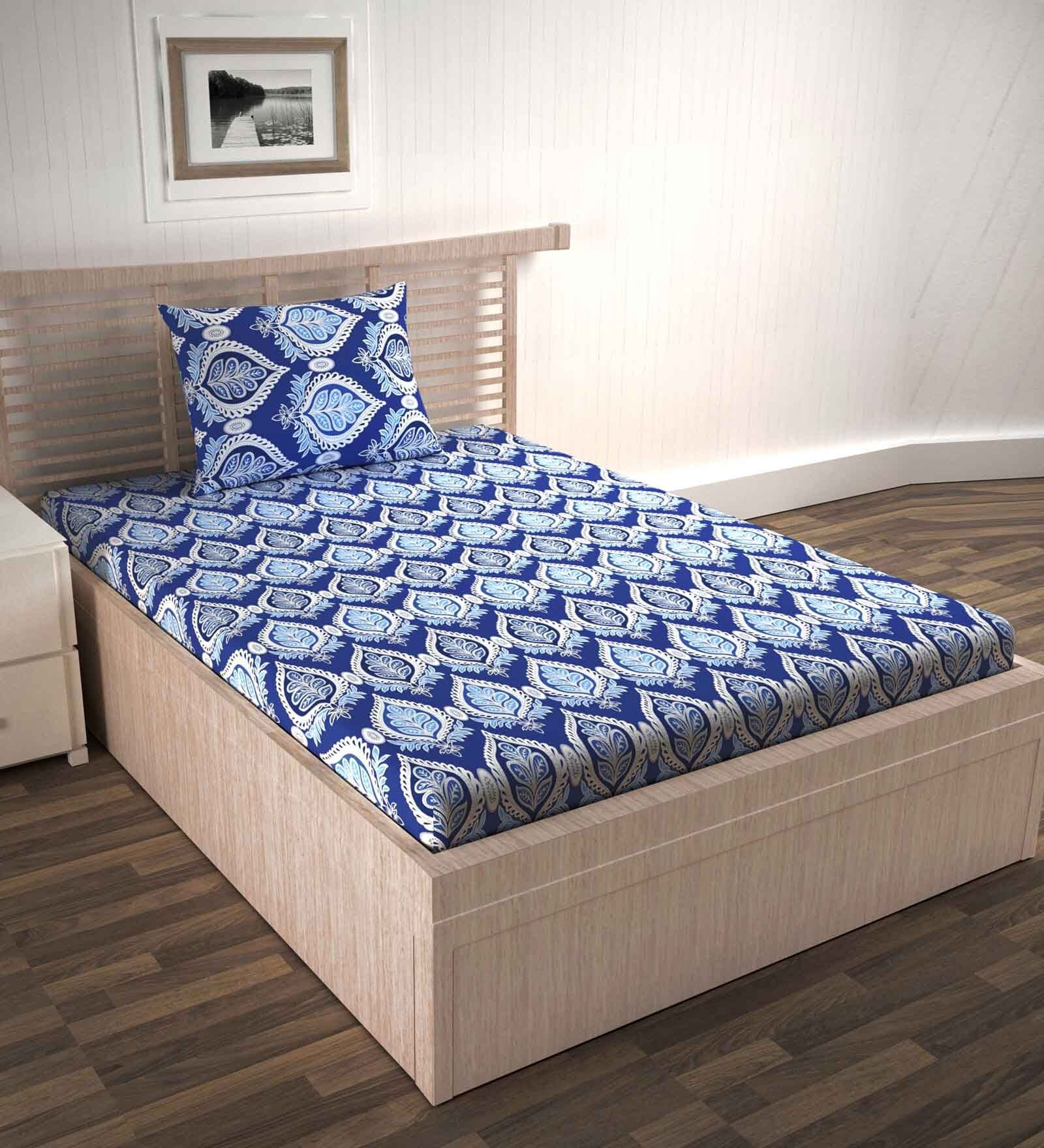 Blue Abstract 144 TC Cotton Fitted Single Bedsheet with Pillow Cover