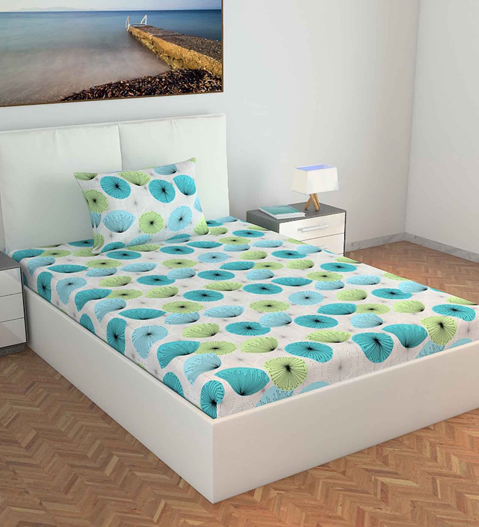 Blue Abstract 144 TC Cotton Single Bedsheet with Pillow Cover Blue Abstract 144 TC Cotton Single Bedsheet with Pillow Cover