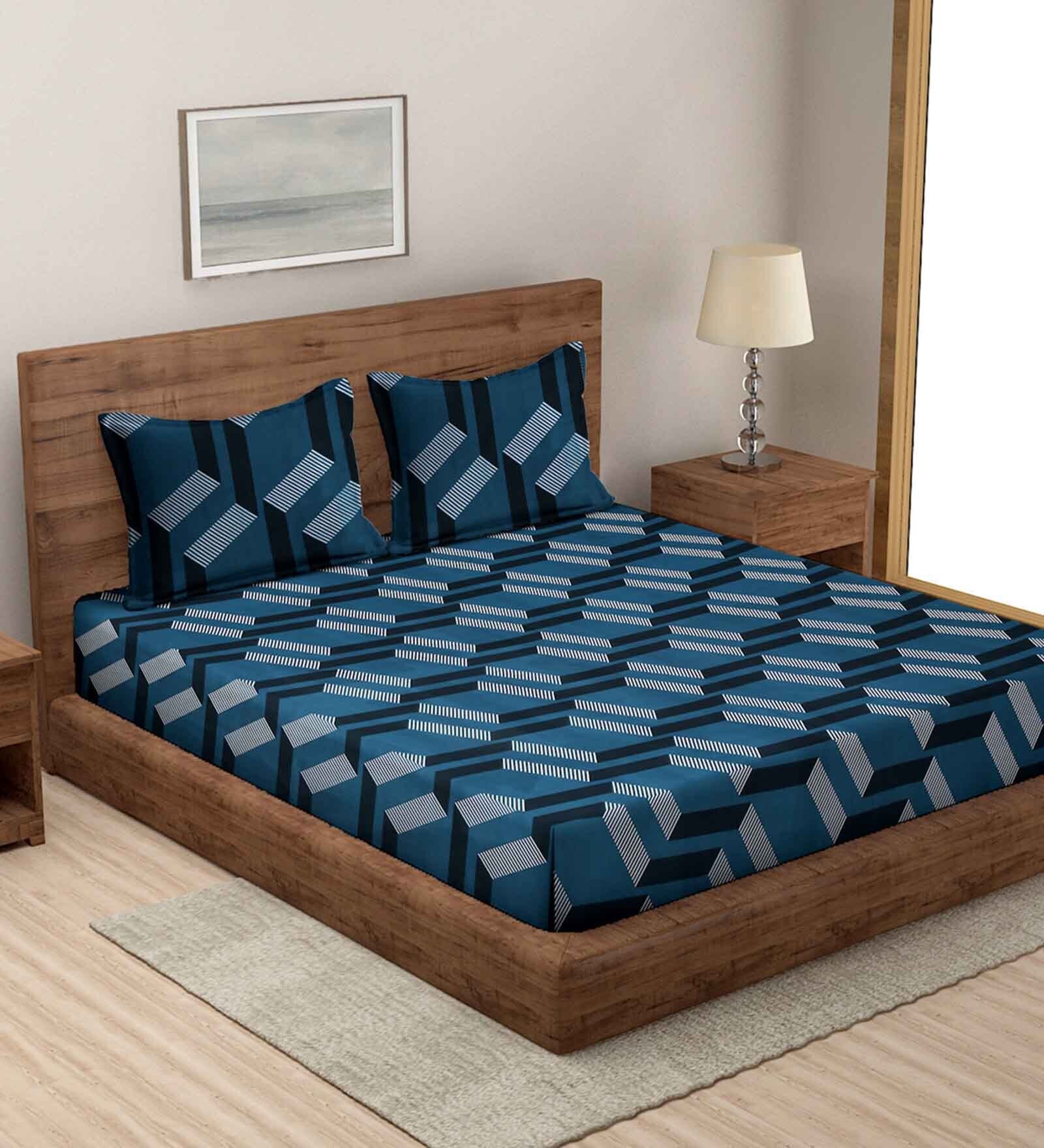 Blue Abstract 144 TC Microfiber Double King Sized Bedsheet With 2 Pillow Covers