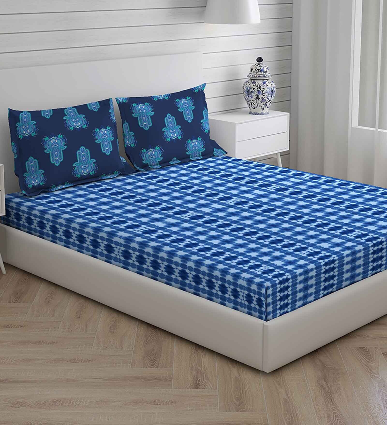 Buy Blue Abstract 150 TC Cotton King Sized Bed Sheets with 2 Pillow