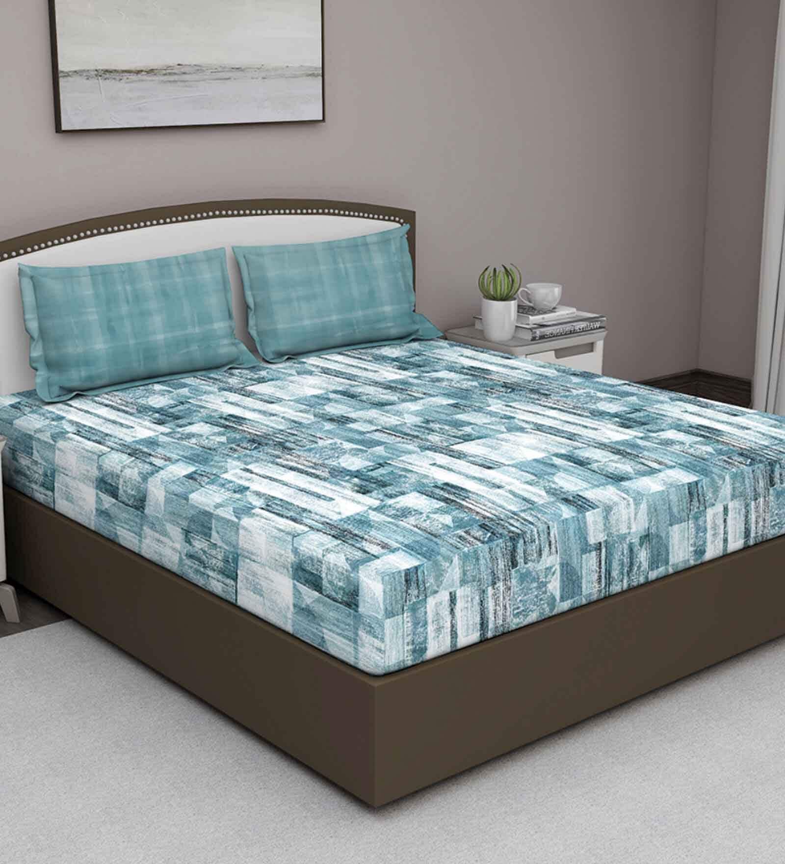 Blue Abstract 180 TC Cotton Queen Sized Bed Sheets with 2 Pillow Covers