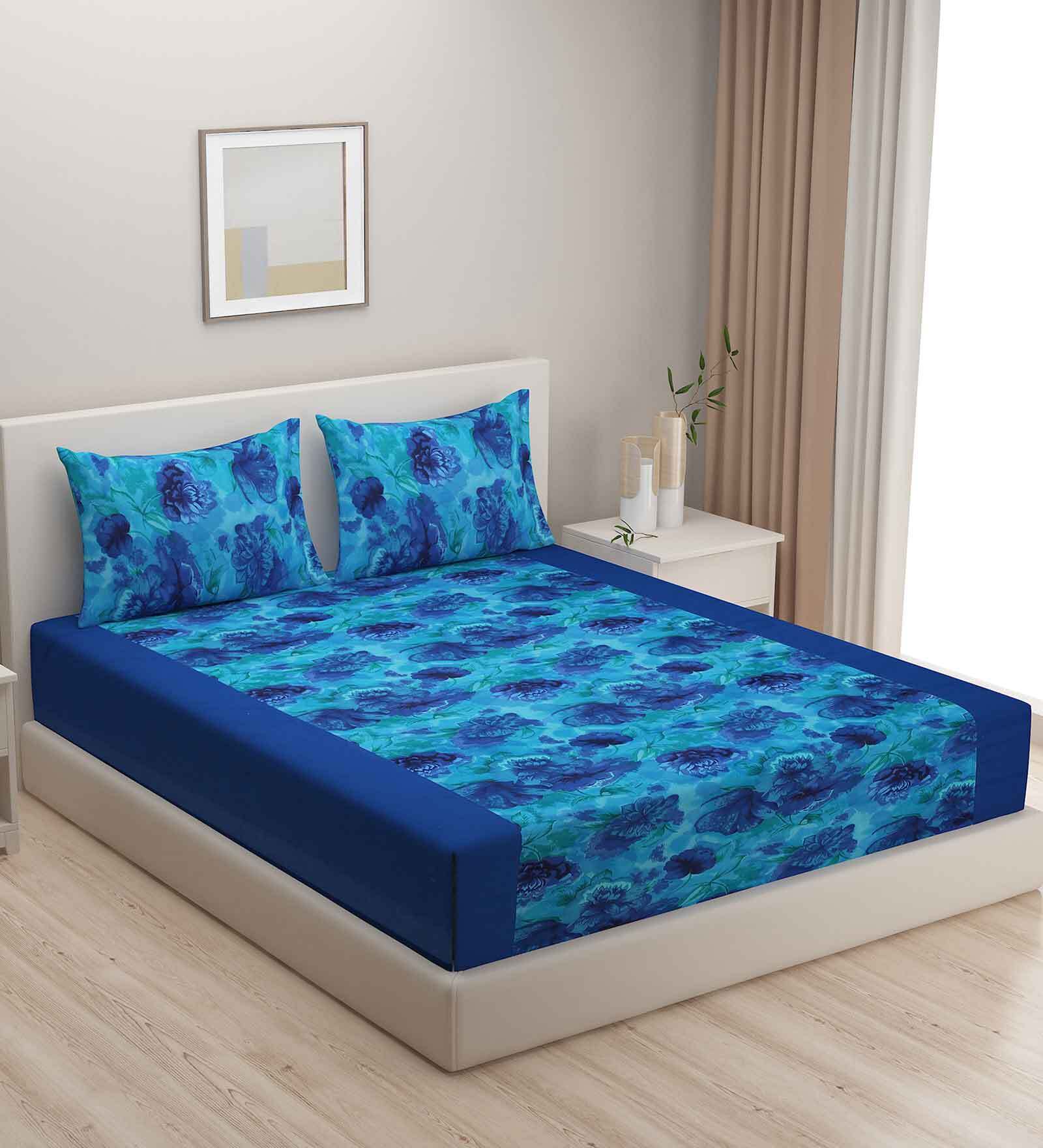 Buy Blue Floral 200 Tc Cotton 1 Double King Size Bedsheet With 2 Pillow