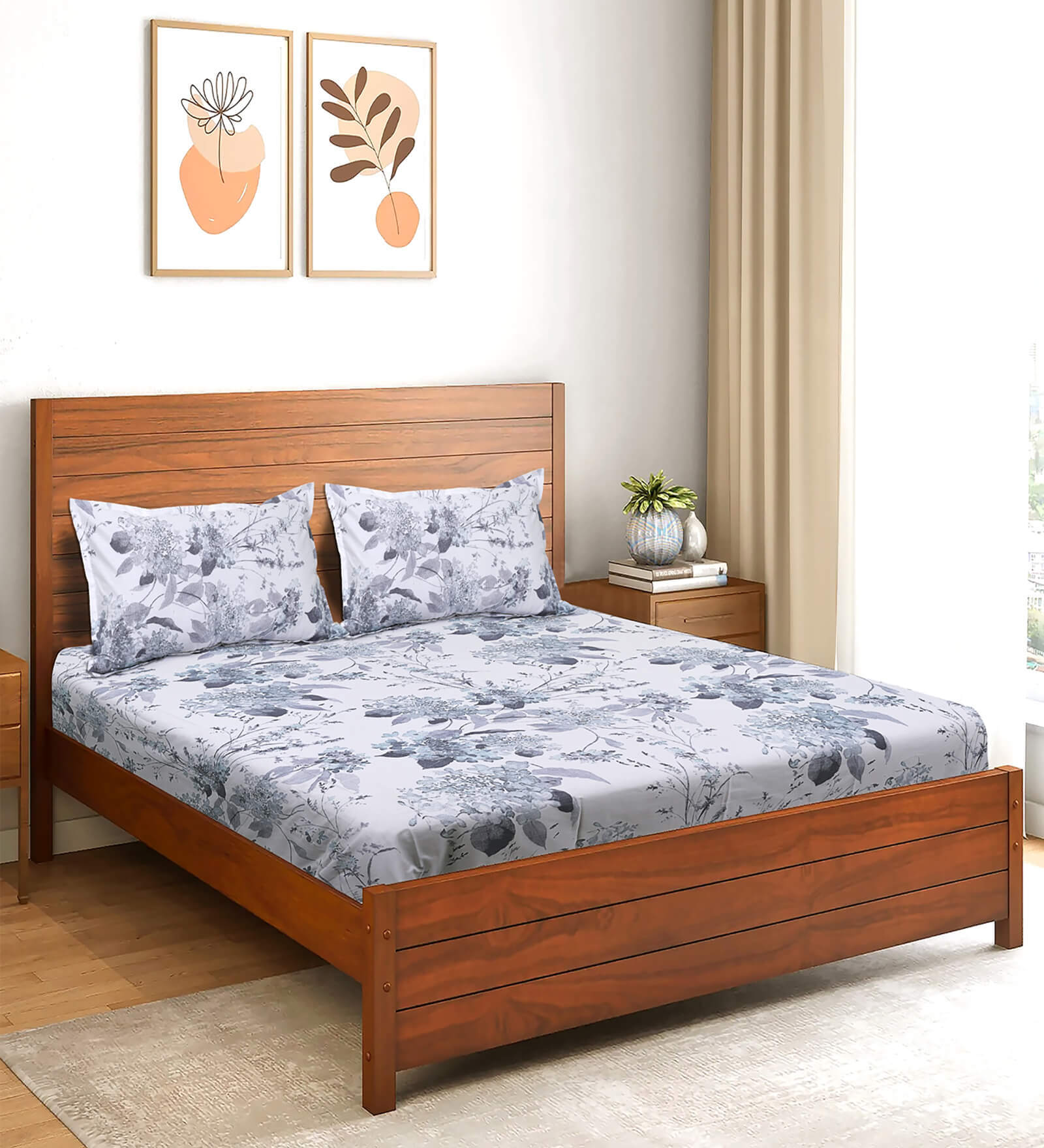 Blue Floral 200 TC Microfiber King Bedsheet with 2 Pillow Covers