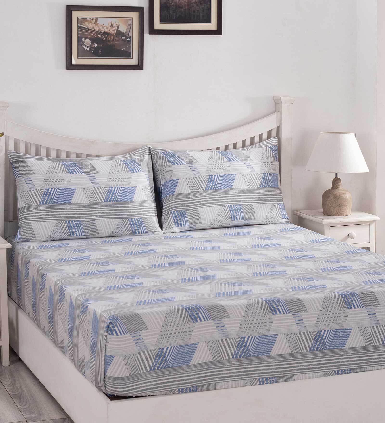Blue Geometric 210 TC 100% Cotton King Sized Bed Sheets with 2 Pillow Covers
