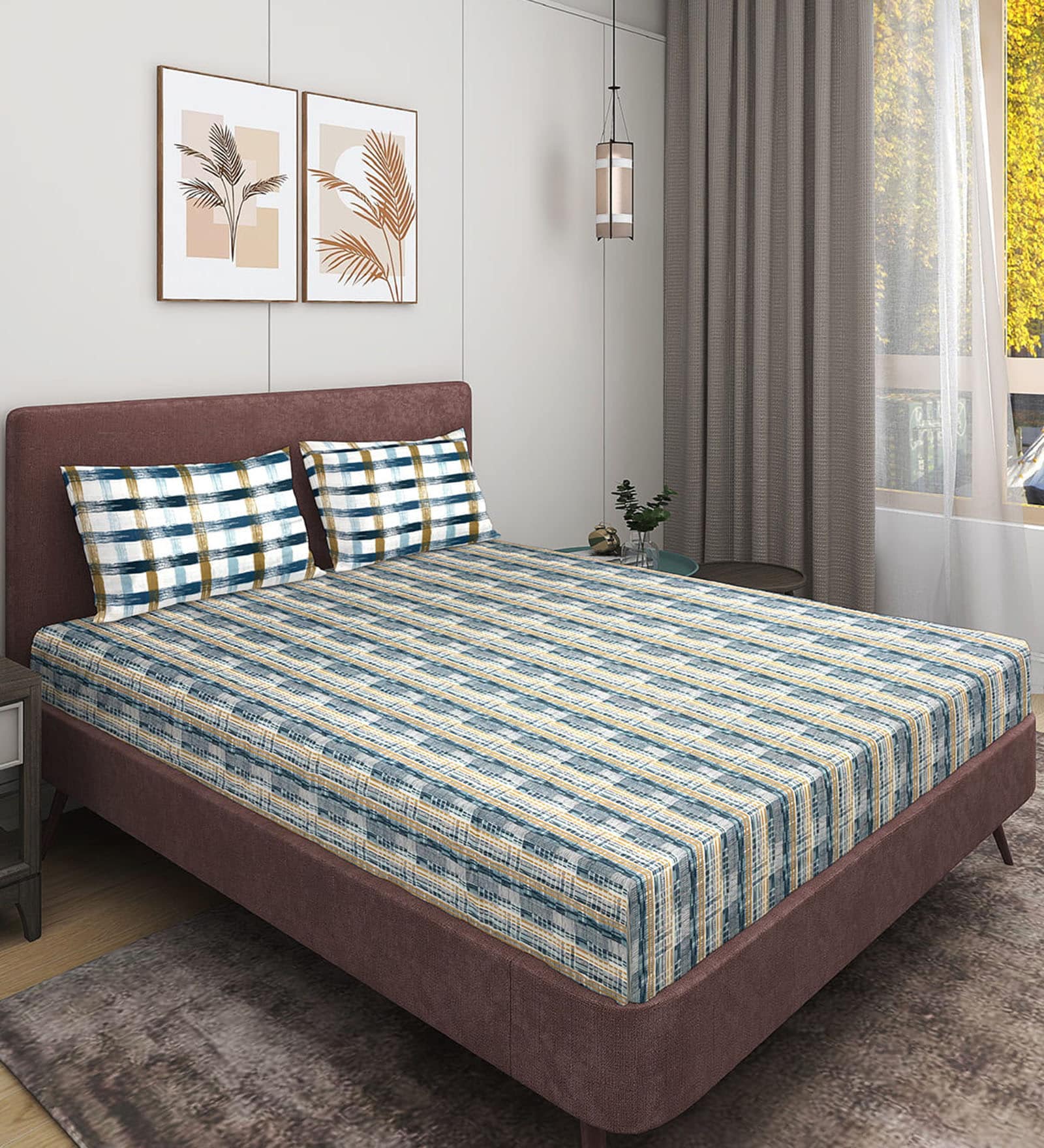 Blue Abstract 210 TC Cotton King Sized Double Bedsheet with 2 Pillow Covers