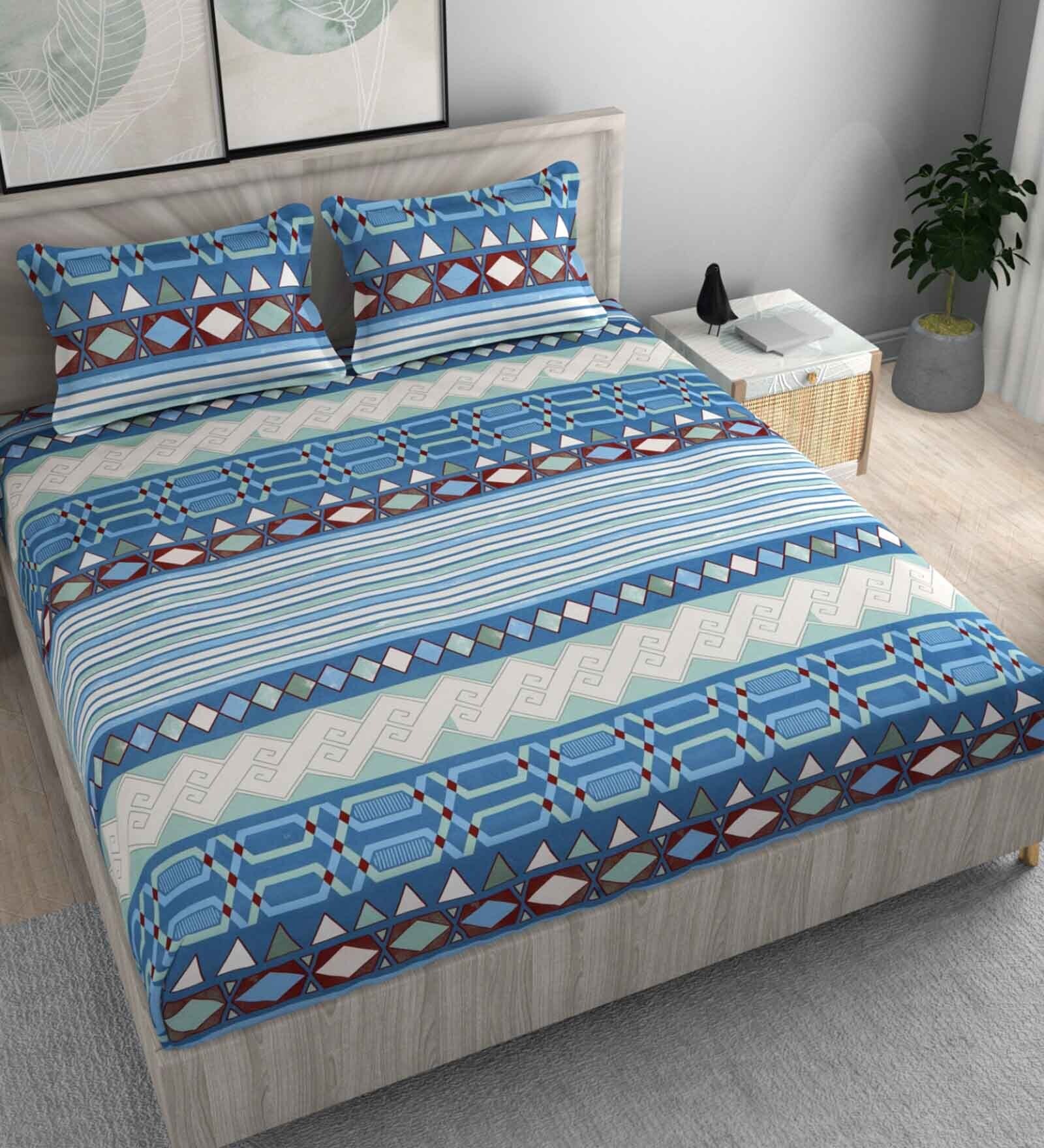 Blue Abstract 210 TC Microfiber King Sized Fitted Bedsheet With 2 Pillow Covers