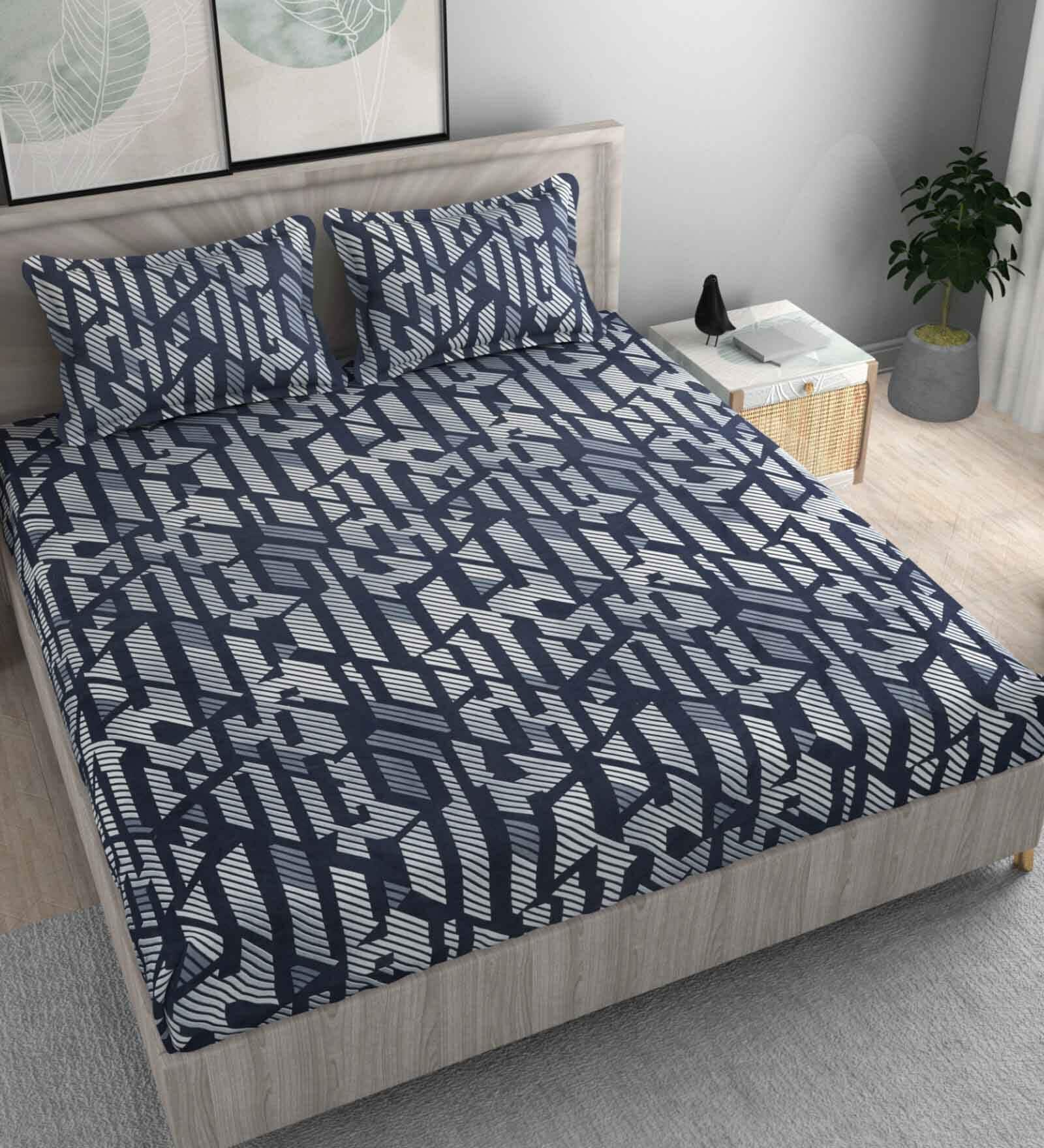 Blue Abstract 210 TC Microfiber King Sized Fitted Bedsheet With 2 Pillow Covers