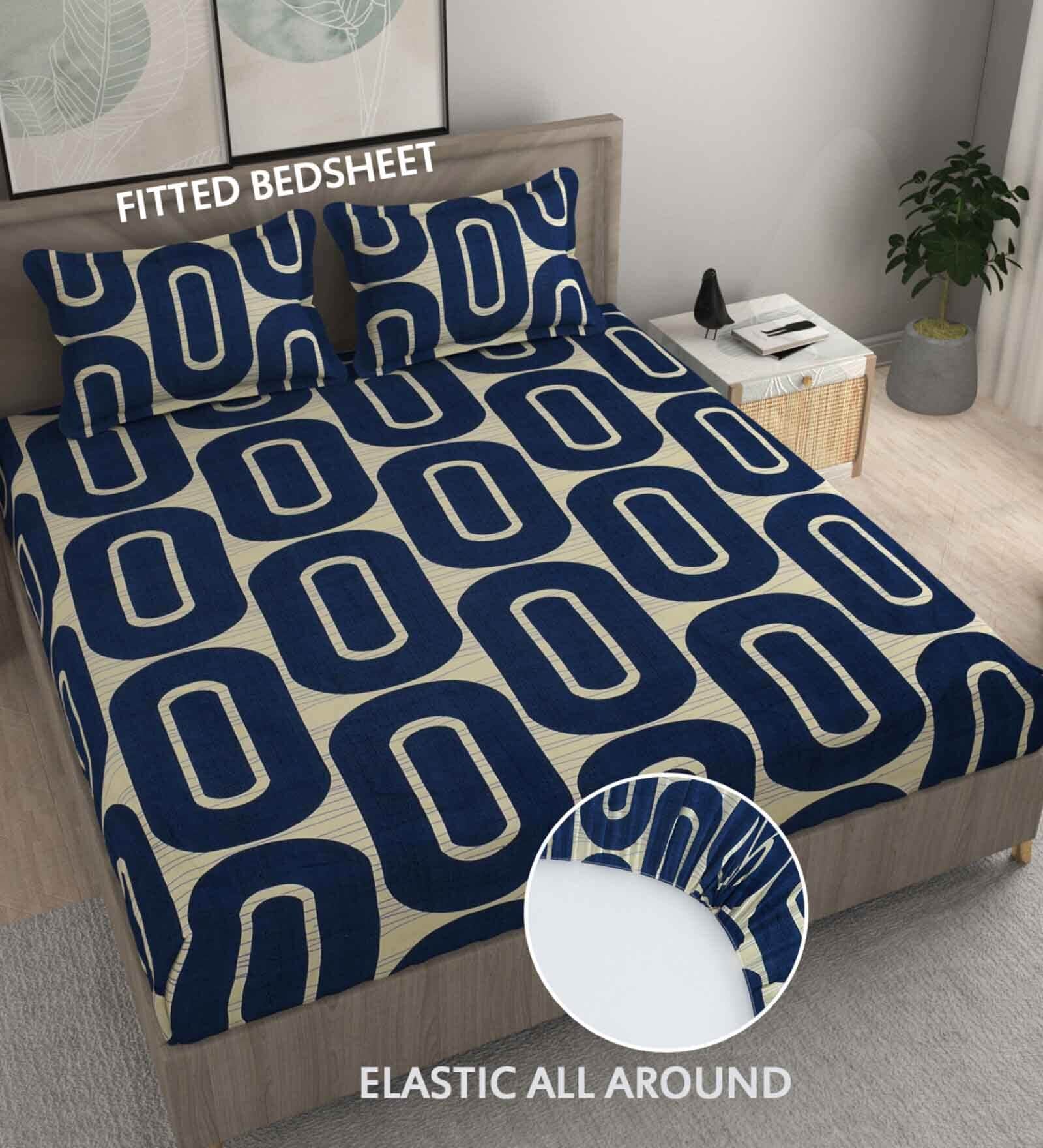 Blue Geometric 220 TC Microfiber King Size Fitted Bedsheet With 2 Pillow Covers
