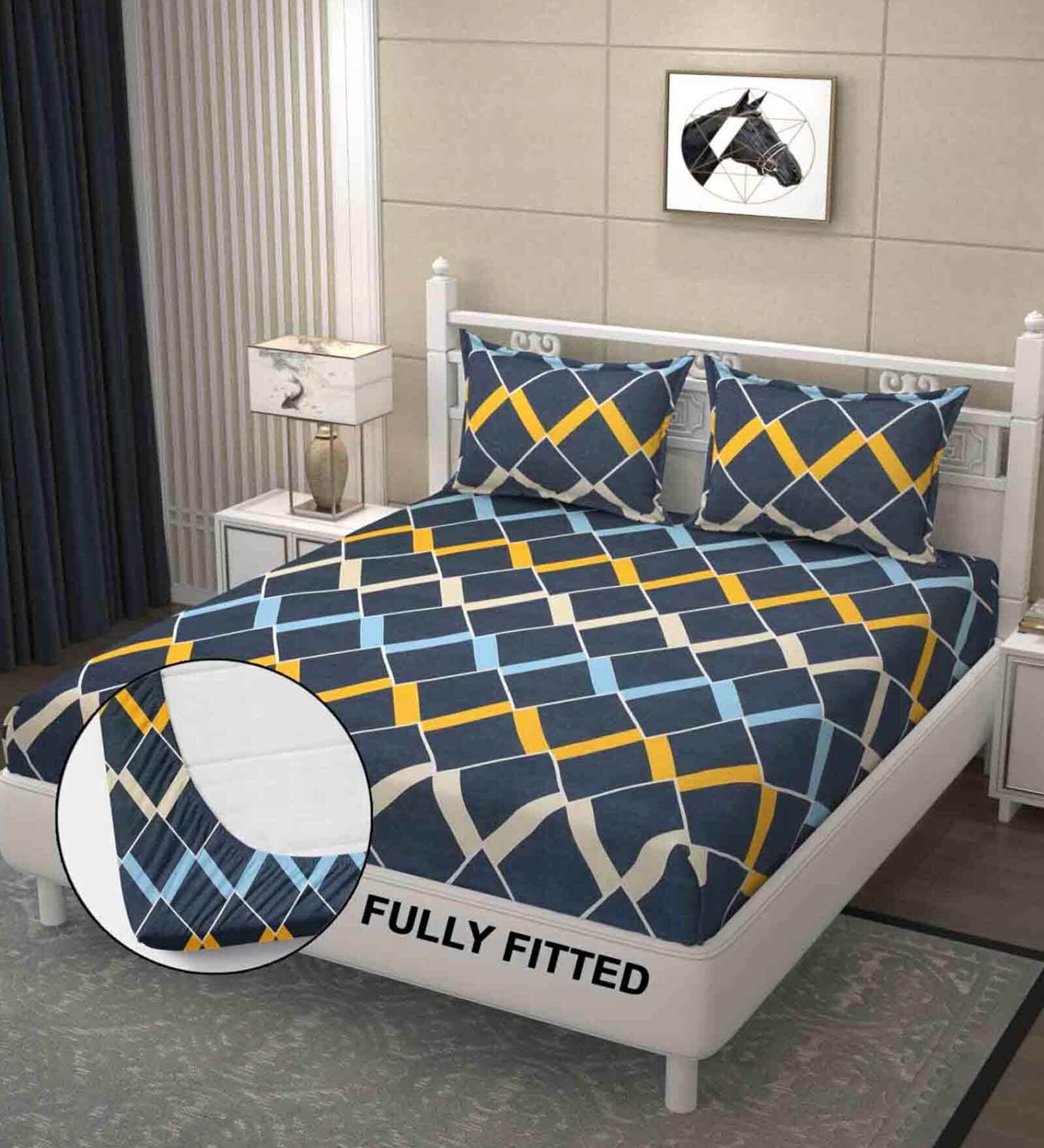 Blue Geometric 220 TC Microfibre King Size Fitted Bedsheet With 2 Pillow Covers