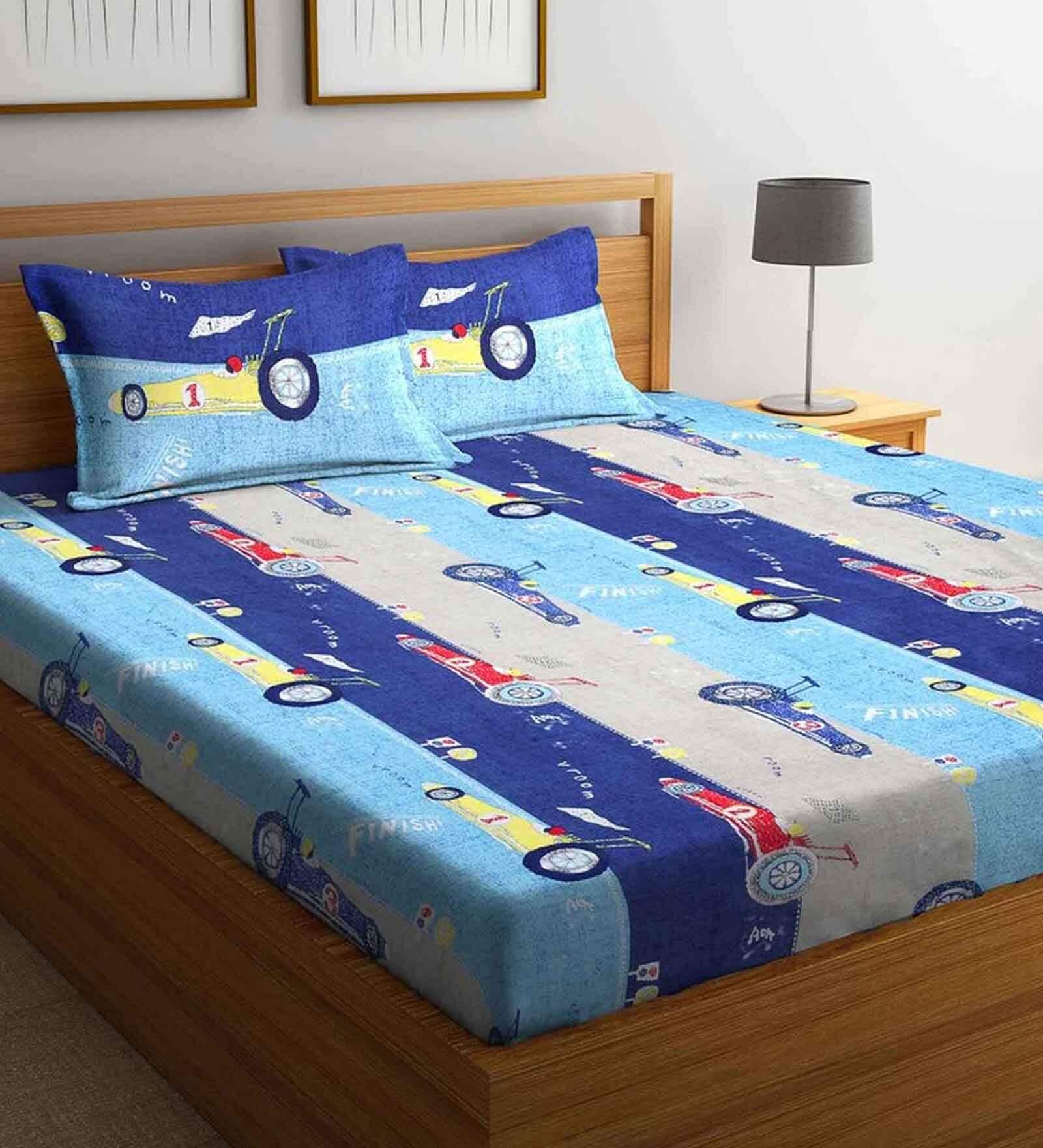 Blue Vehicle Theme 240 TC Cotton Queen Sized Kids Bed Sheet with 2 Pillow Covers