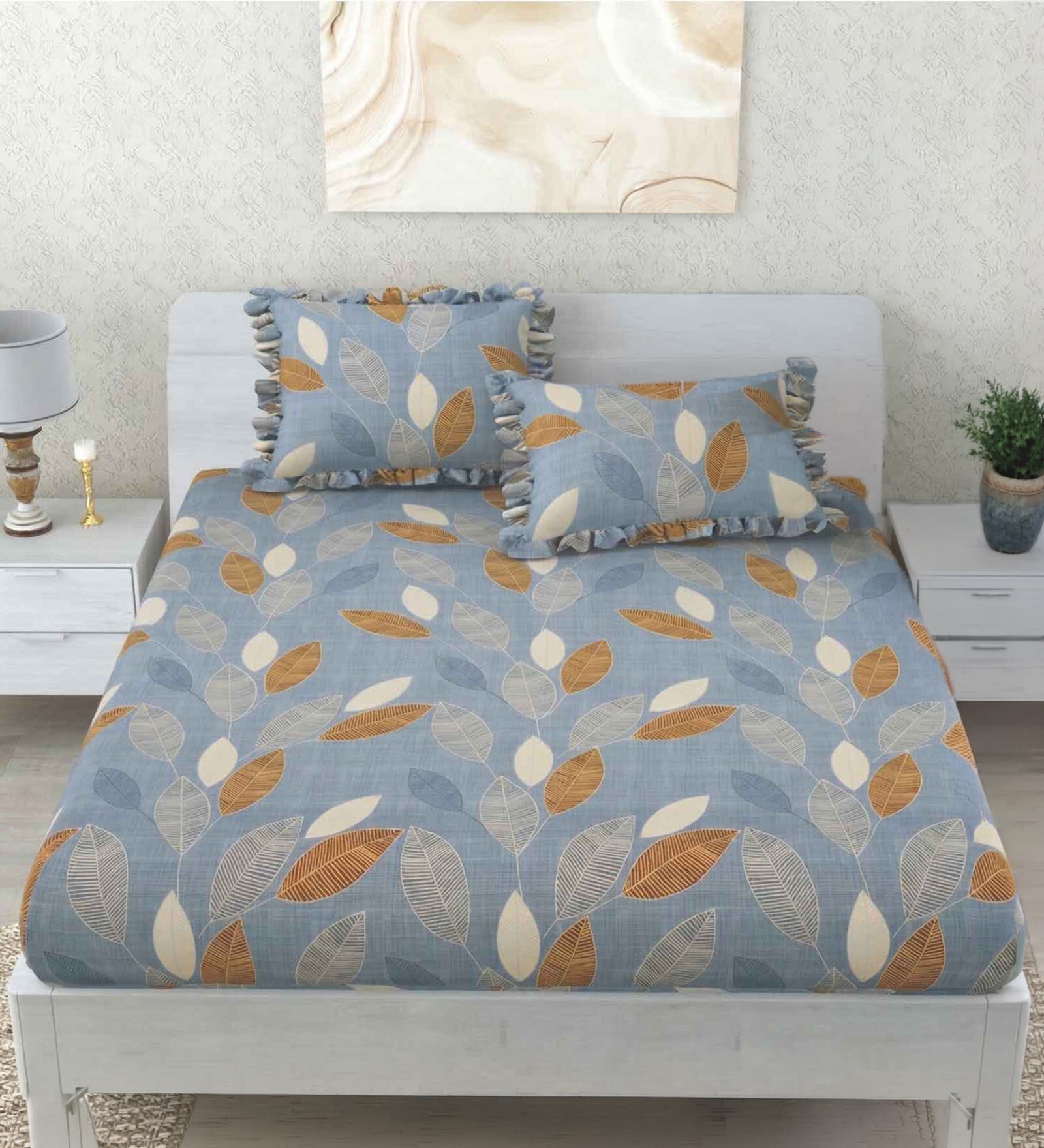 Blue Abstract 260 Tc Polycotton Double Fitted Bedsheet With 2 Pillow Covers