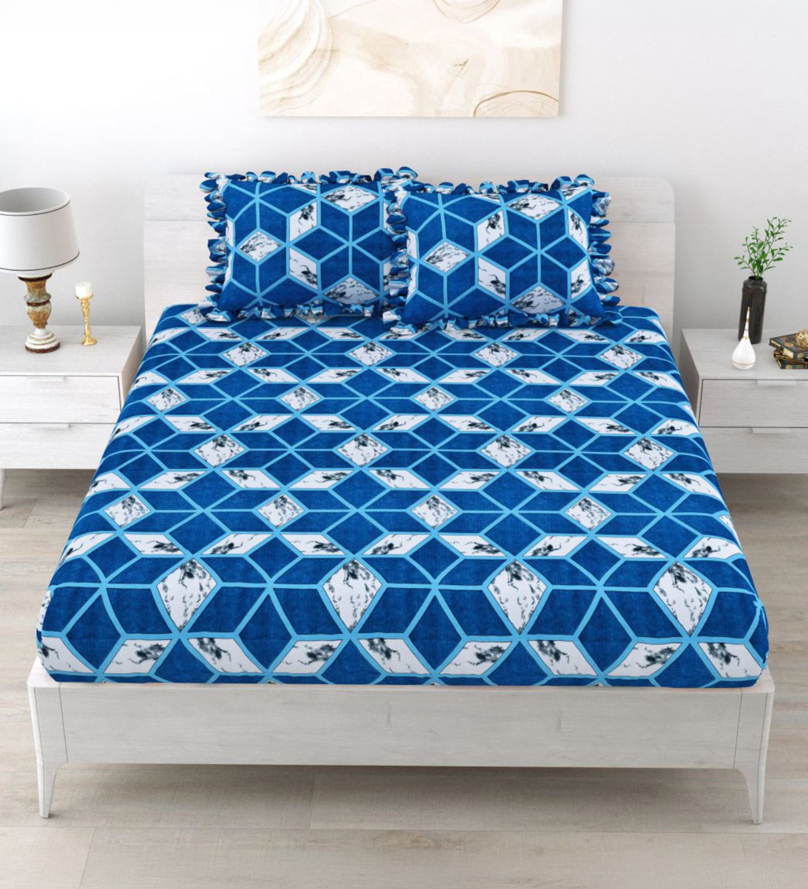 Blue Abstract 260 Tc Polycotton King Fitted Bedsheet With 2 Pillow Covers