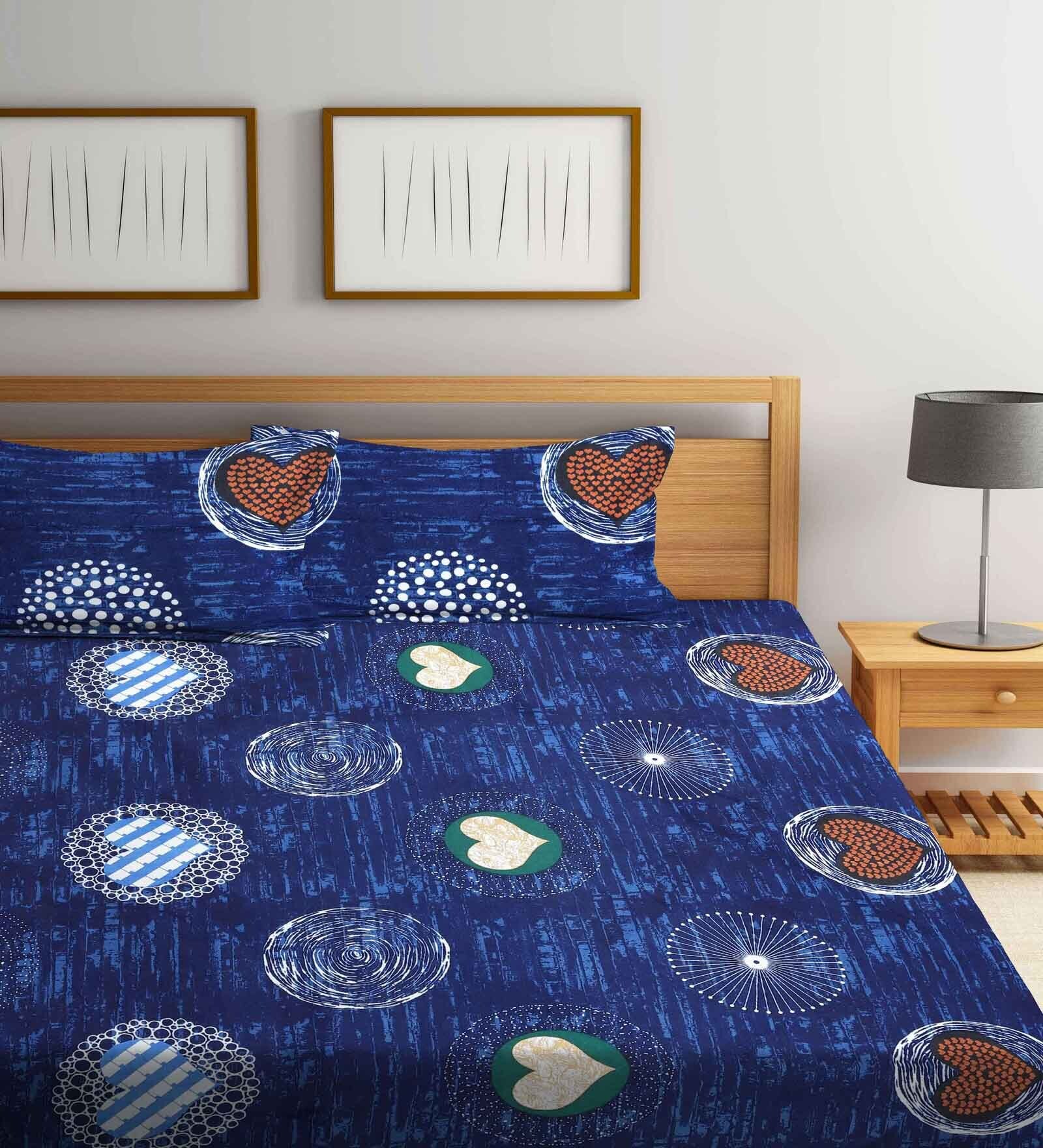Blue Abstract 300 TC Cotton Blend Double King Sized Bedsheet With 2 Pillow Covers