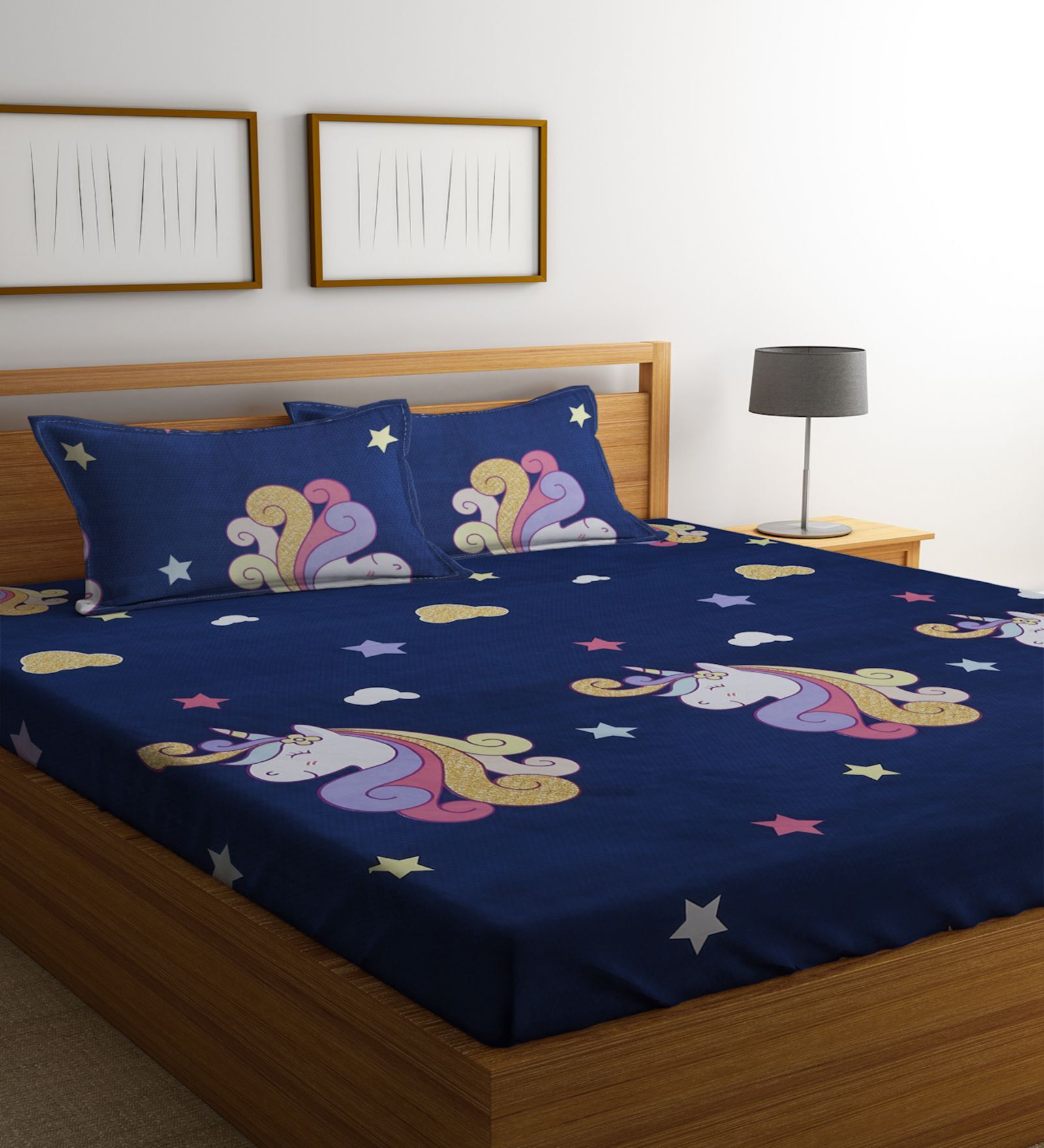 Blue Character Printed 300 TC Cotton Blend Double Queen Size Bedsheet With 2 Pillow Covers
