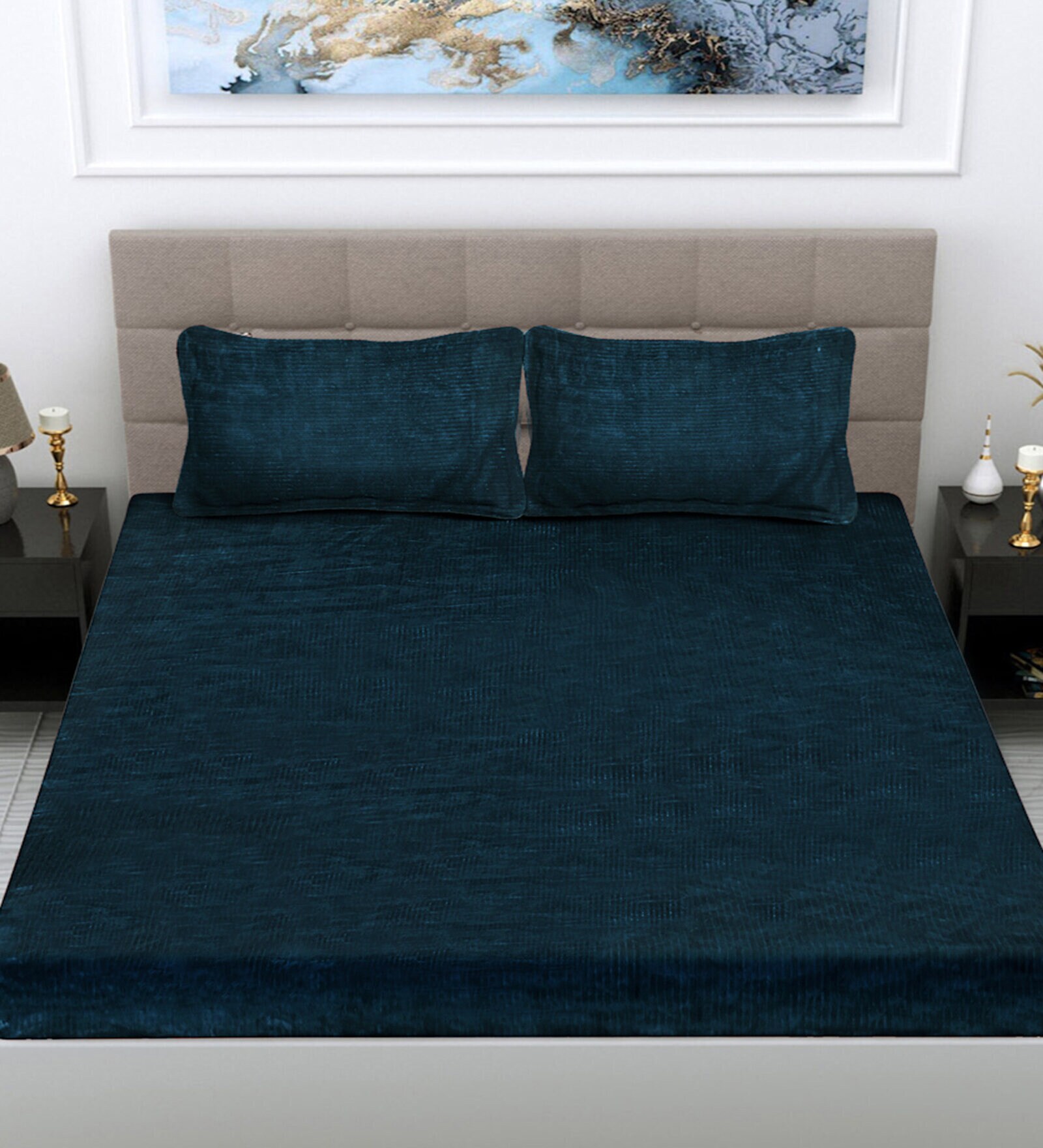 Buy Blue Abstract 300 TC Woollen Woollen Flat Double Bedsheet with 2 Pillow Covers by FABINALIV